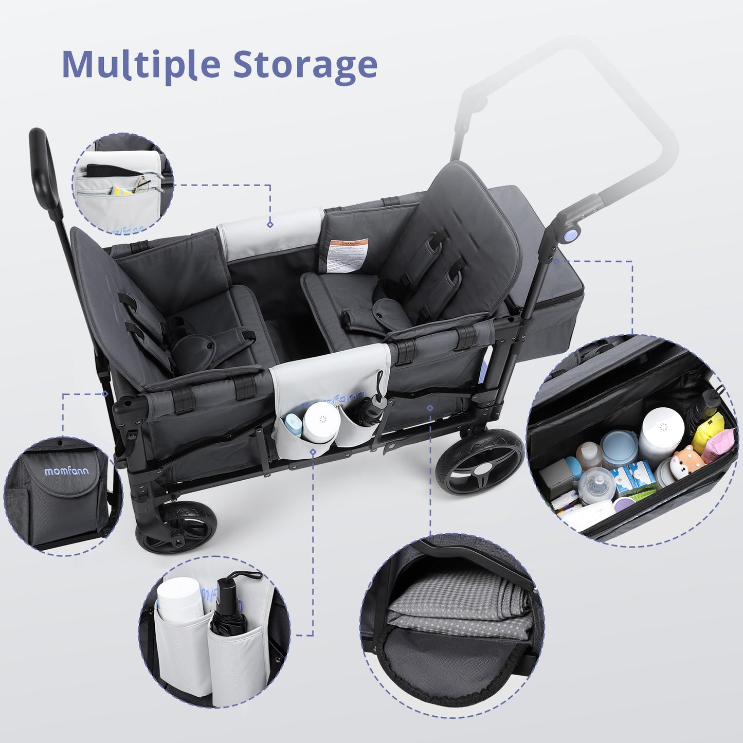 Momfann Double-Seater Baby Wagon With Canopy, Push Pull Stroller With Adjustable Handle, Wagon Stroller For 2 Kids & Outdoor Adv