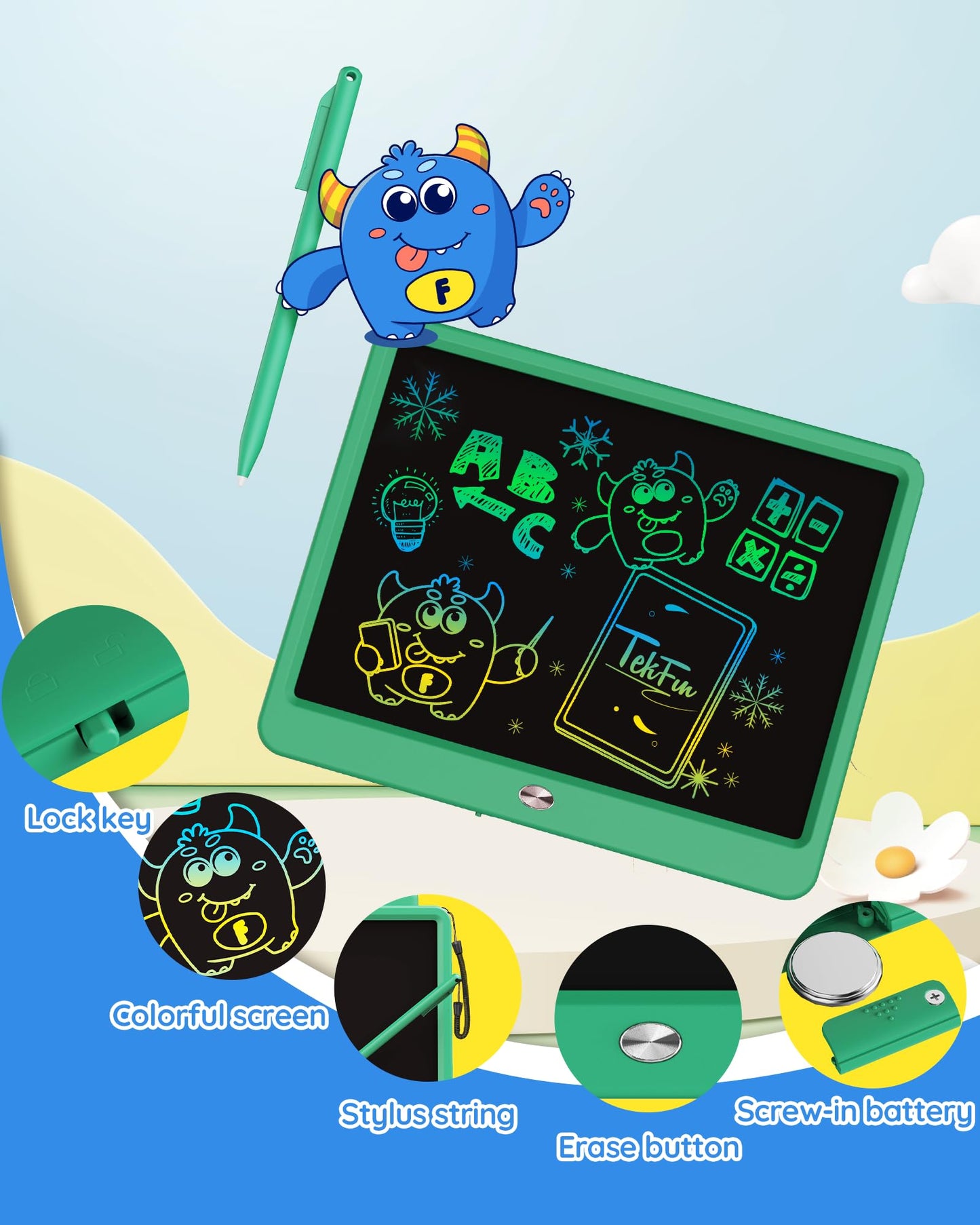 Tekfun Lcd Writing Tablet For Kids Boys Toys, 12 Inch Erasable Doodle Board Colorful Drawing Pad, Board Games Outdoor Travel Toy