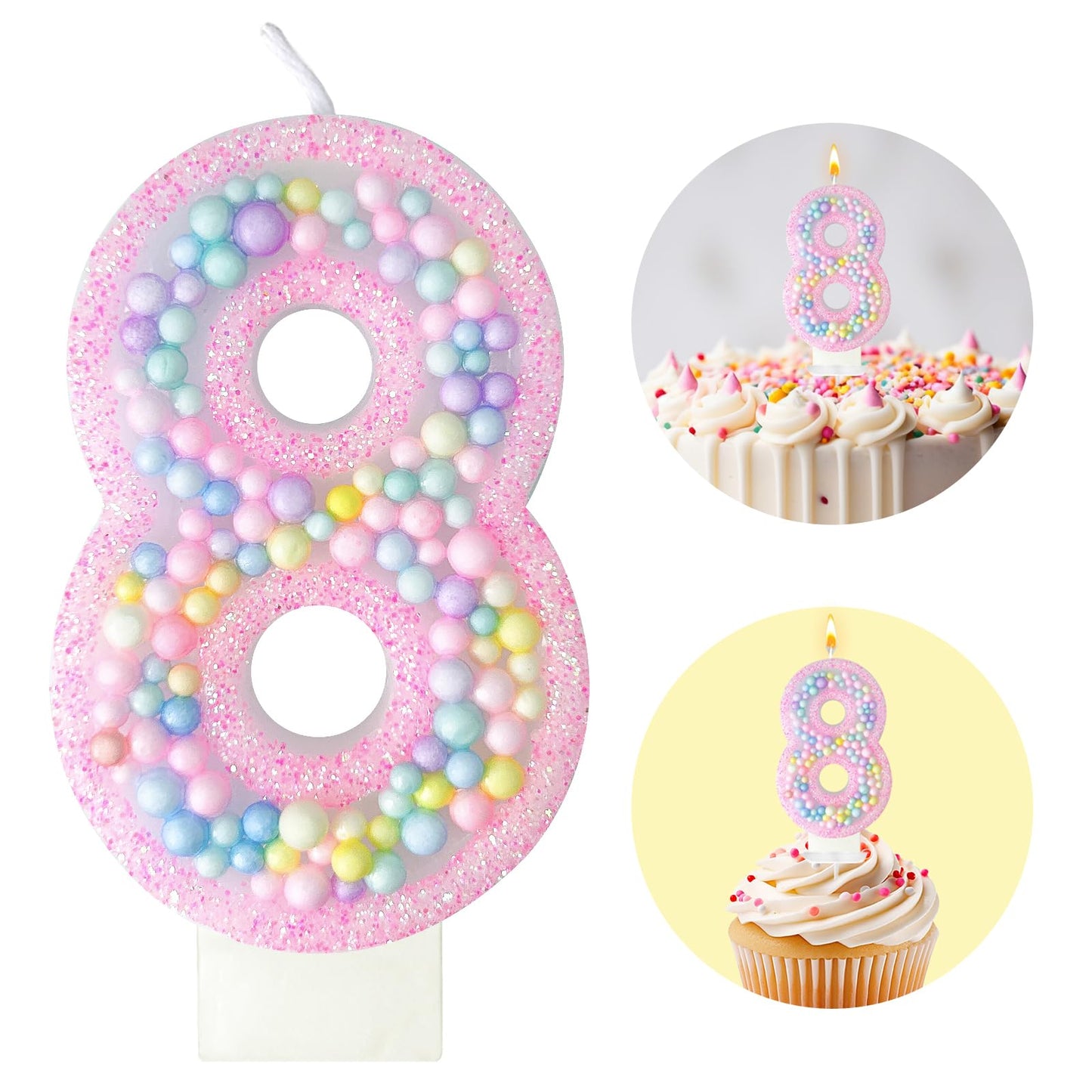 Zlongron Birthday Number Candles, Handmade Macaron 3D Flash Number 8 Candle, Suitable for Girls and Boys Birthdays, Weddings, A