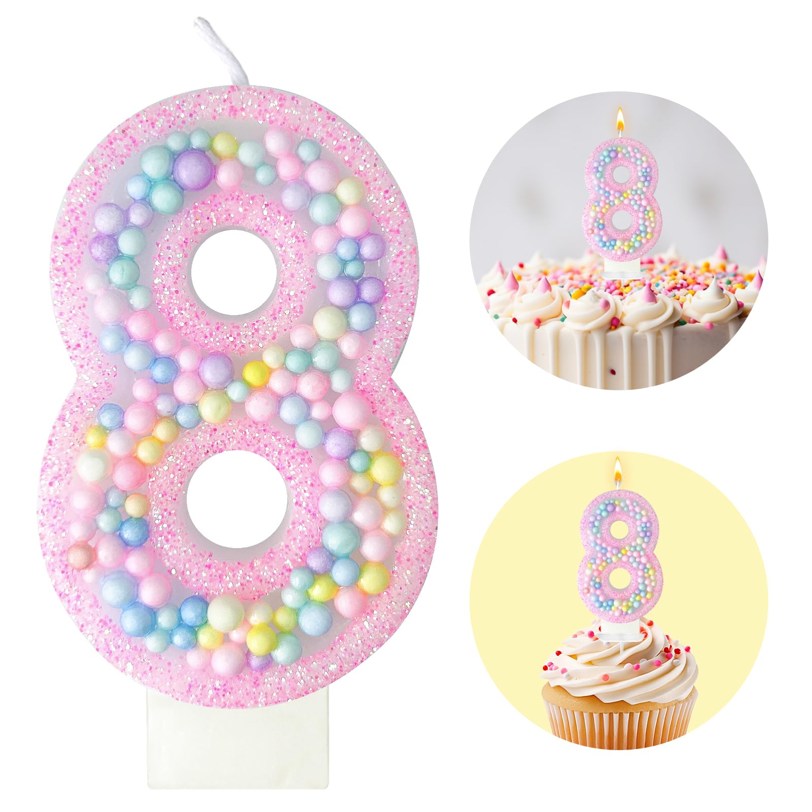 Zlongron Birthday Number Candles, Handmade Macaron 3D Flash Number 8 Candle, Suitable for Girls and Boys Birthdays, Weddings, A