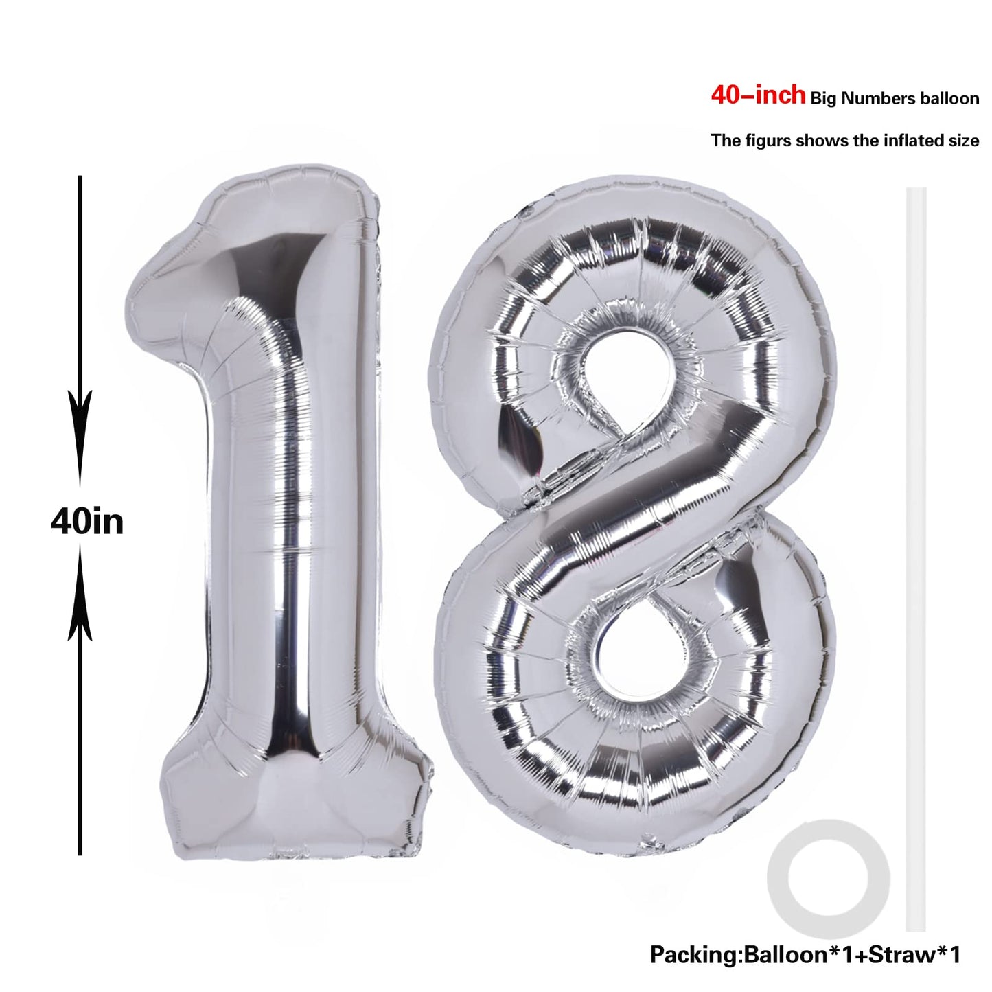 40 Inch Number 18 Balloon Silver Jumbo Giant Big Large Number 18 Foil Mylar Silver Balloons 81Th Birthday Party Anniversary Deco