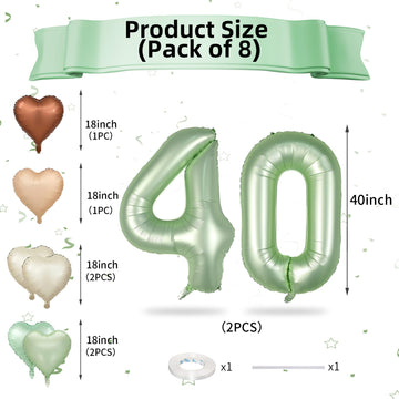 Biapian 40 Inch Sage Green Number 40 Balloons, Large Foil Number 4 & 0 Balloons With 18'' Olive Green Heart Balloon For 40Th Yea