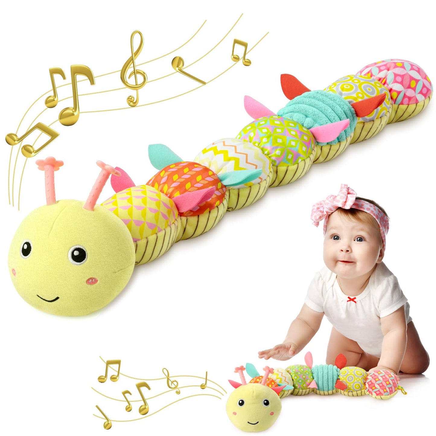 Awotoy Baby Toys 0 To 12 Months, Musical Stuffed Animal Activity Soft Toys With Multi-Sensory Crinkle, Rattle And Textures, Infant Tummy Time Toys For Newborn Boys Girls, Caterpillar, Yellow