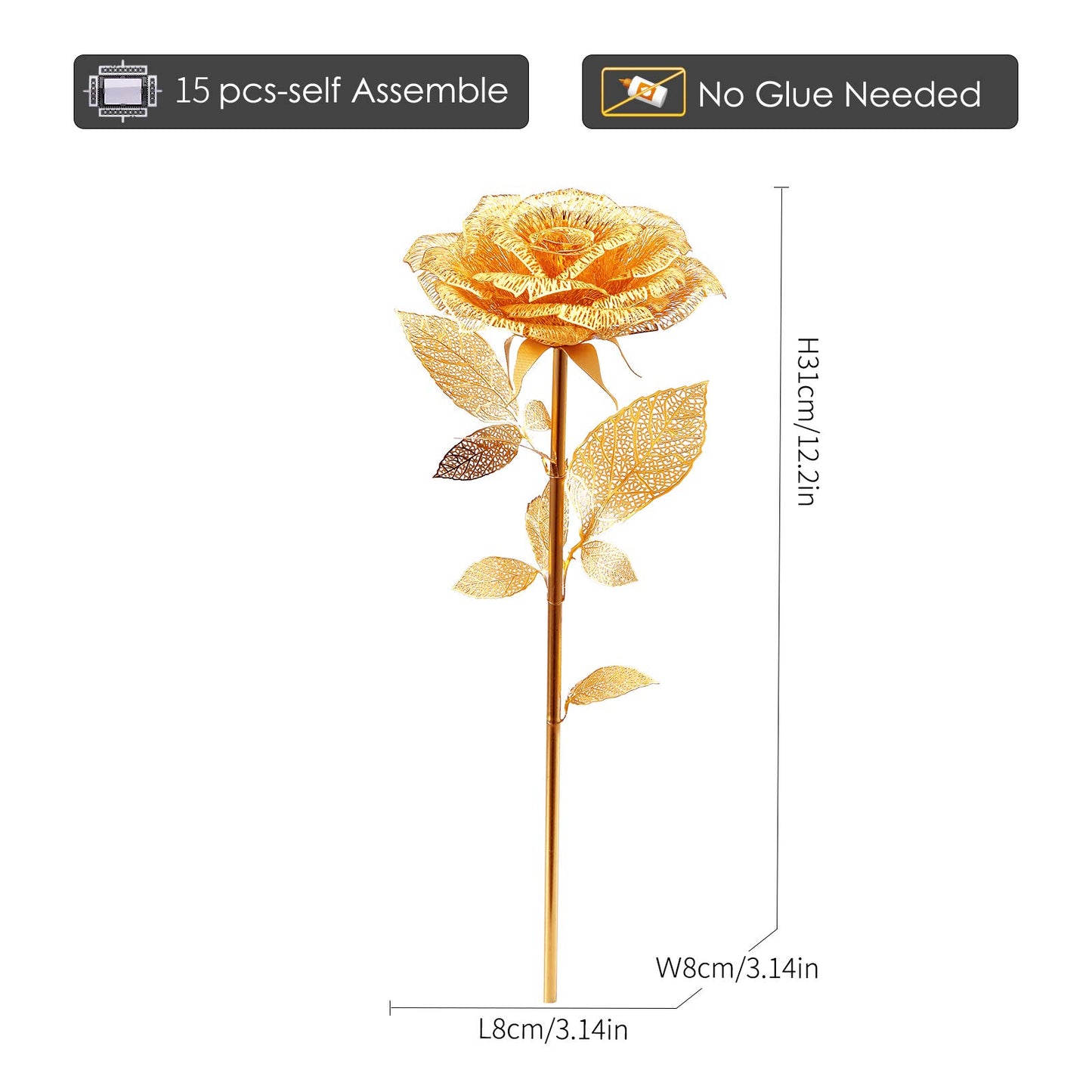 Piececool 3D Metal Puzzles Rose Flower Model Kits, Artificial Flowers Metal Building Blocks Diy 3D Puzzle For Adults, For Father Mothers Valentines Day, 15Pcs Gold