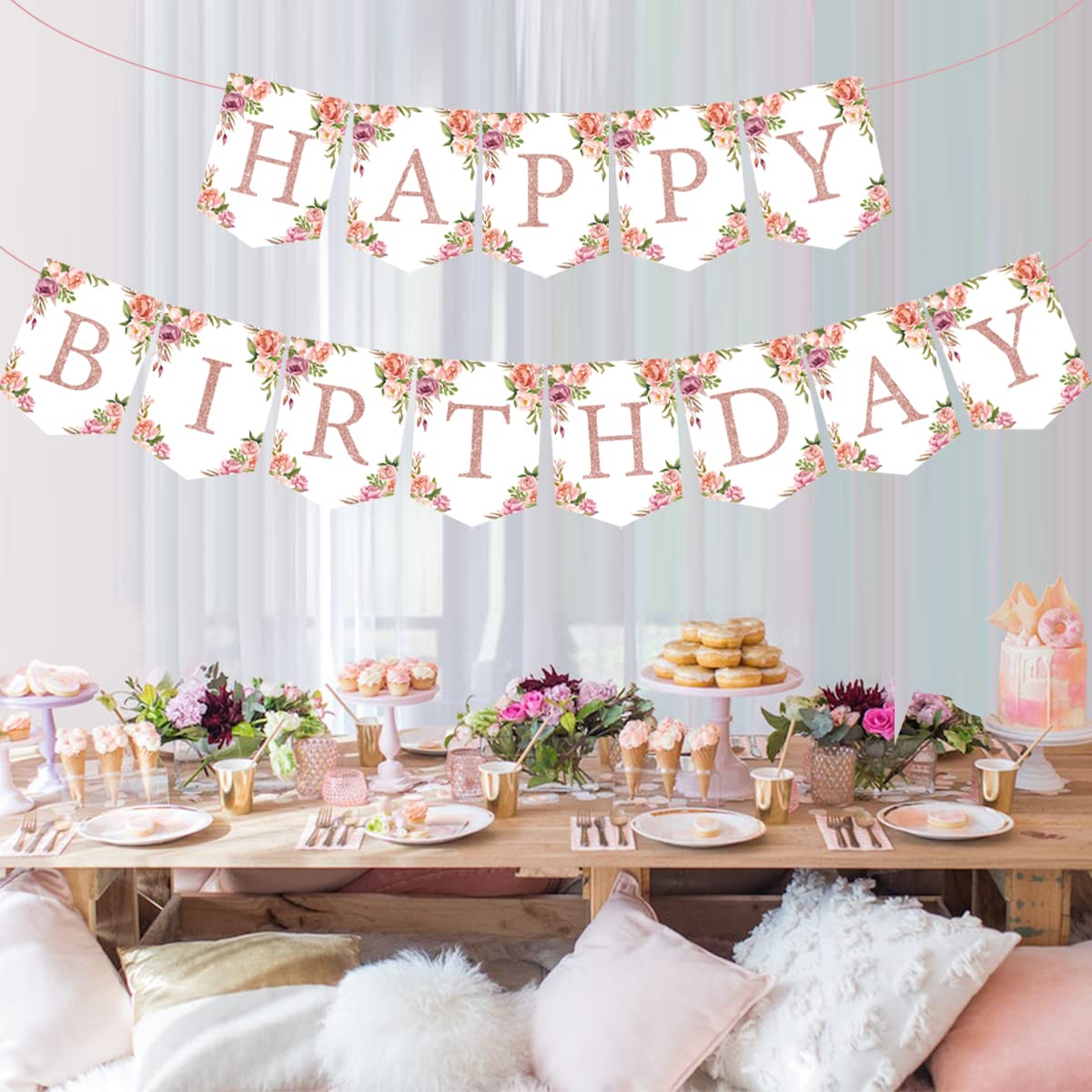 Rose Gold Floral Birthday Decorations for Women Girls - Floral Theme Glittery Happy Birthday Banner for Home Wall Mantel Window