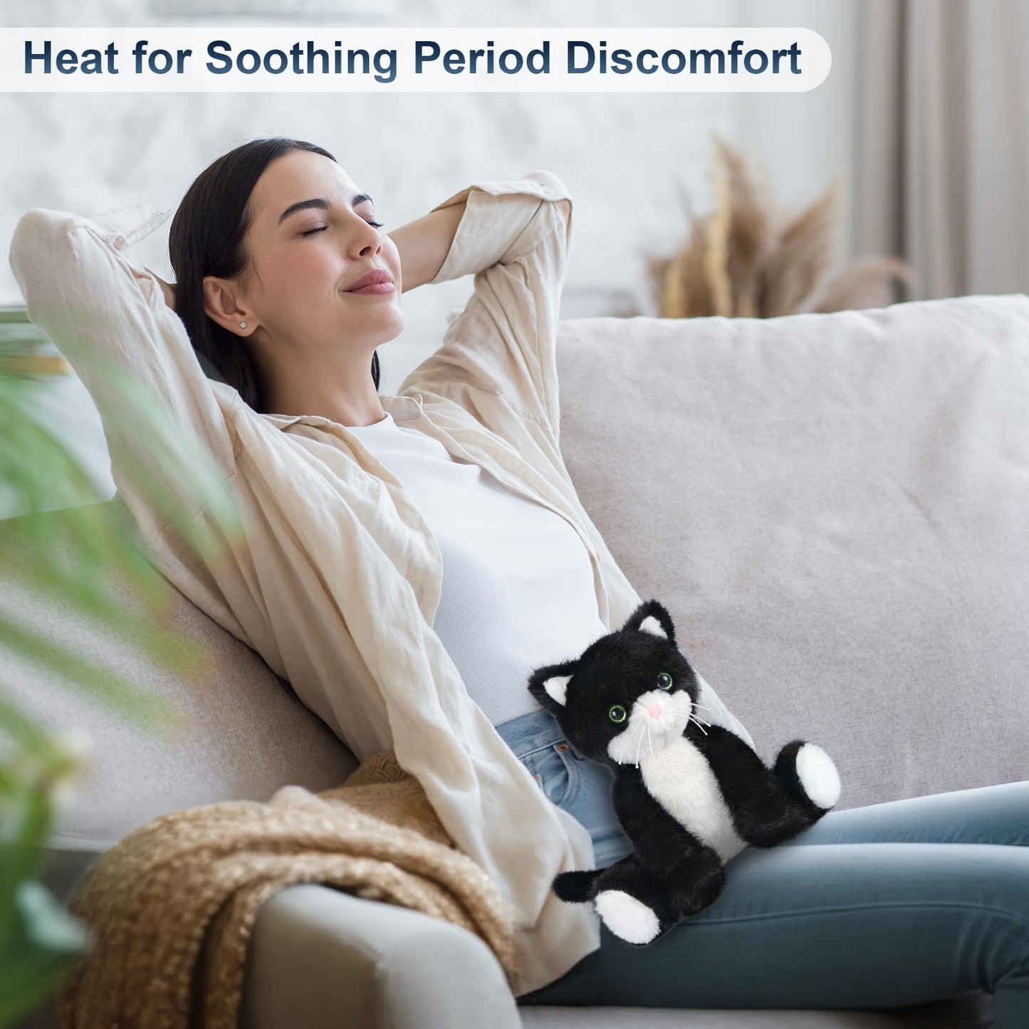 SuzziPals Heatable & Coolable Black and White Cat Stuffed Animal, Cat Heating Pad Microwavable for Soothing & Relaxation, Lavend