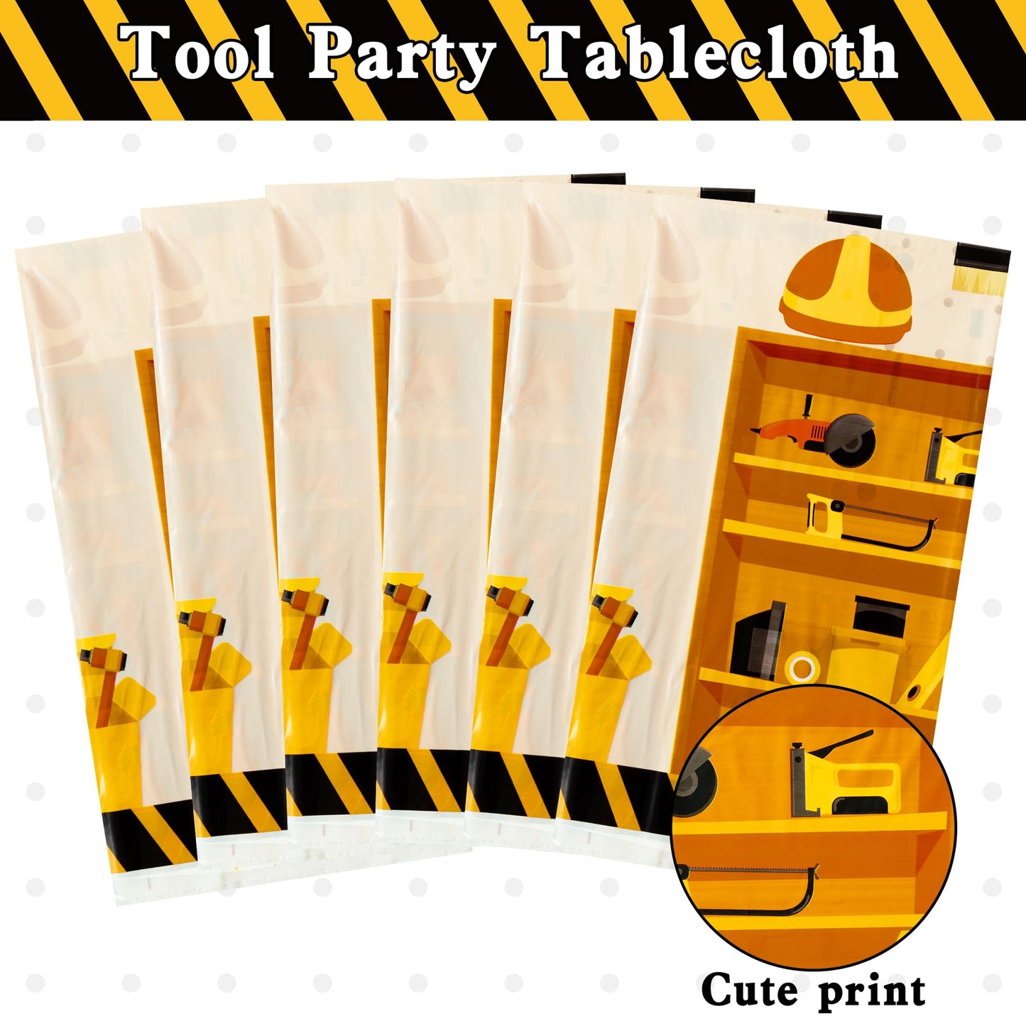 BkeeCten 6 Packs Tool Theme Plastic Tablecloths Decoration Waterproof Rectangle Cute Tool TableCover Design with Hard Hat, Nuts,