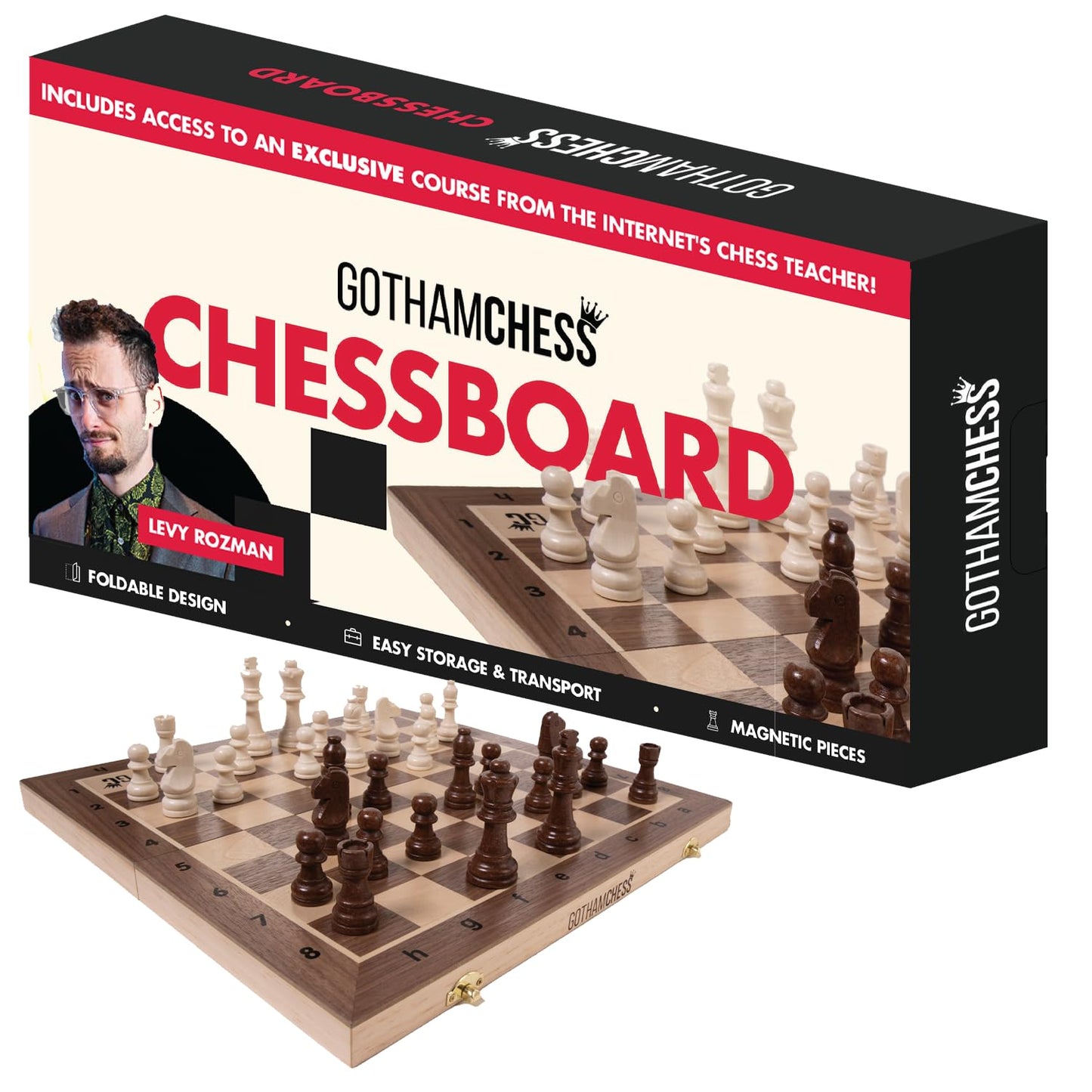 Gothamchess Board- Foldable, Magnetic Pieces, Quality Wood, Fitted Storage, Includes Course By International Master Levy Rozman