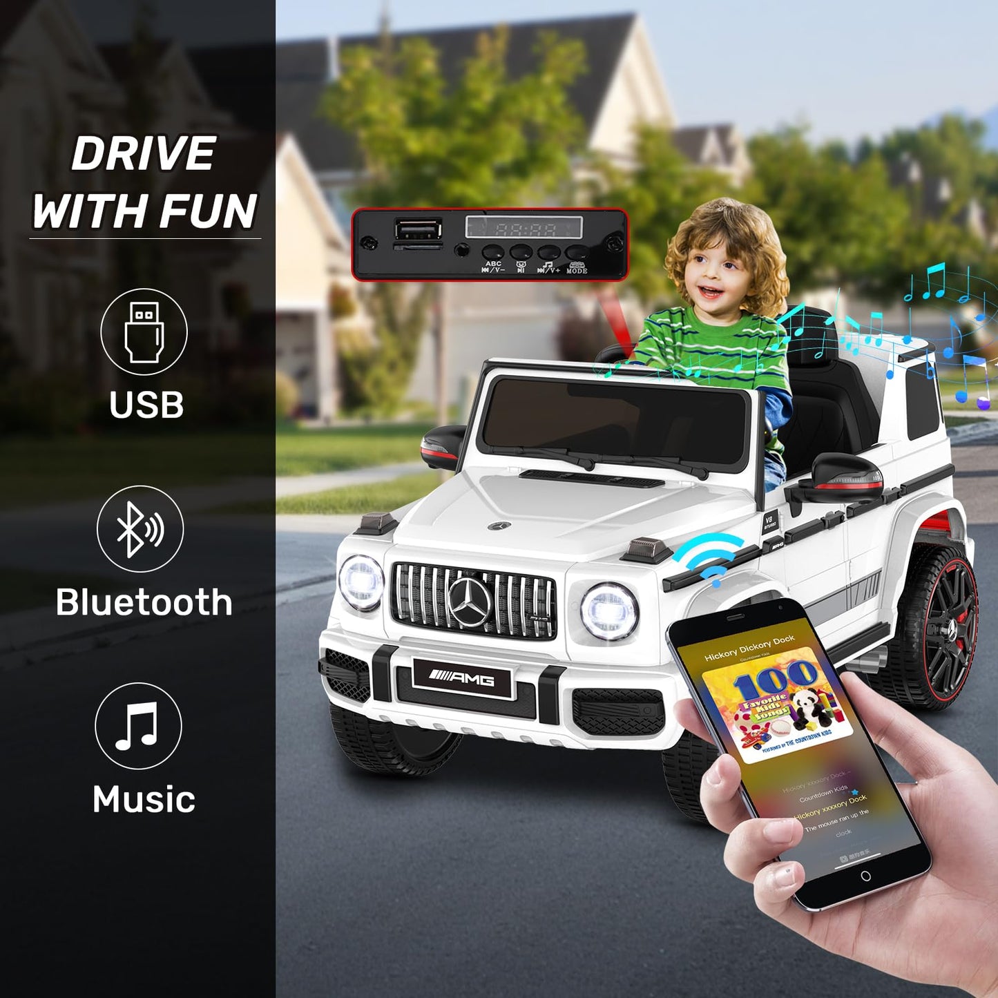 Anpabo Licensed Mercedes-Benz G63 Car For Kids, 12V Ride On Car W/Parent Remote Control, Led Headlights, Music Player & Horn, Soft Start, Low Battery Prompt, Kids Electric Vehicle, White