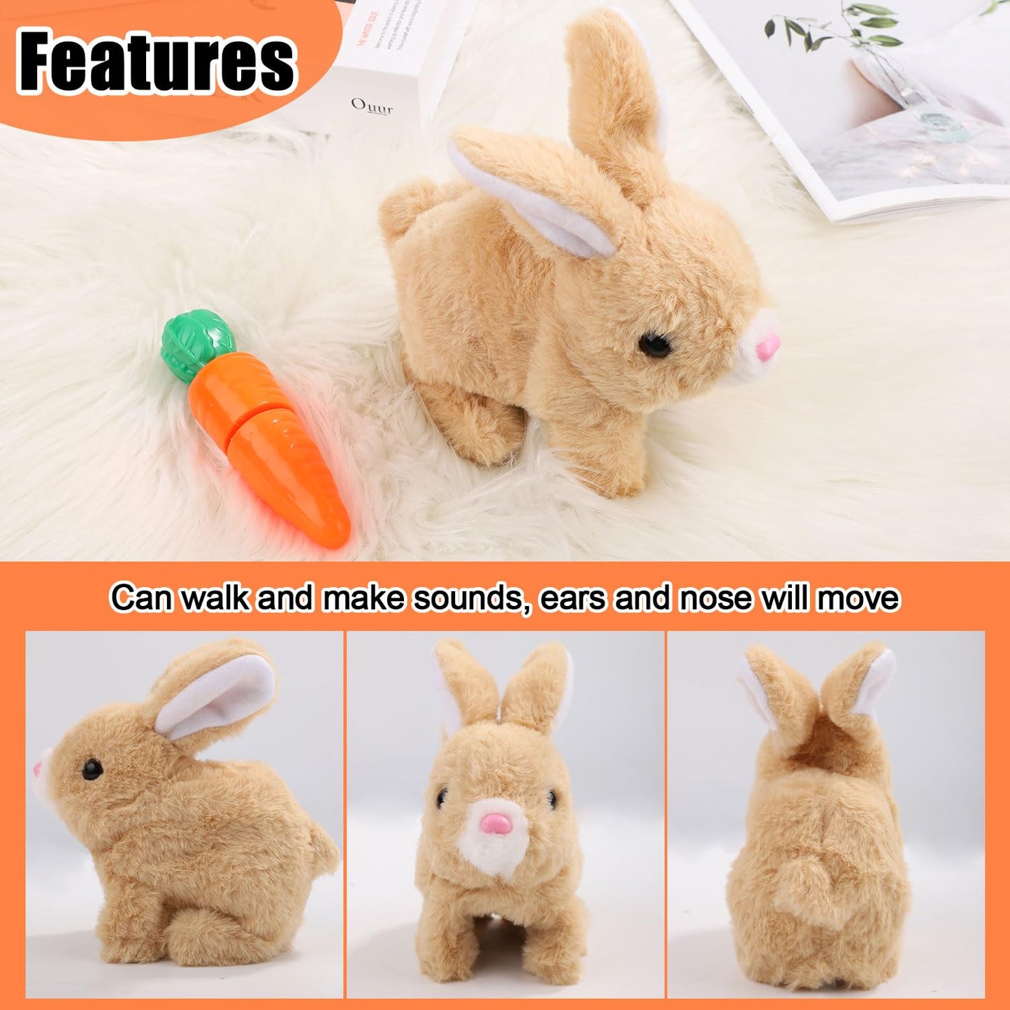 PEUTIER Bunny Plush Toy with Carrot Toy  Interactive Bunny Toy Electronic Hopping Rabbit Toy Walking Bunny Toys with Sounds Wiggle Ears Twitch Nose Bunny Toy for Kids Easter Birthday Gifts