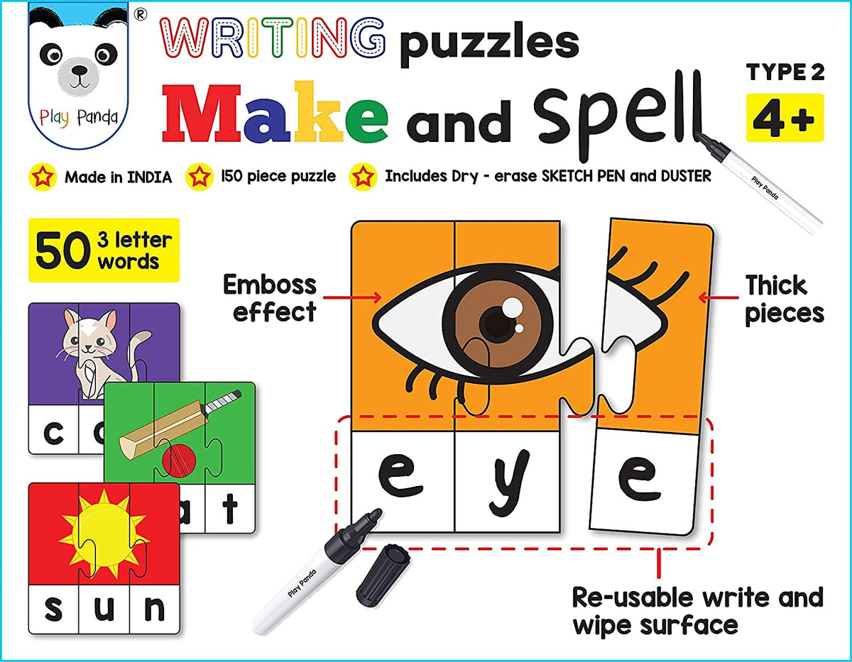 Maestro Toys  Make and Spell Type 2150 Piece Spelling Puzzle  Learn to Spell 50 Three Letter Words Puzzles with Unique Write