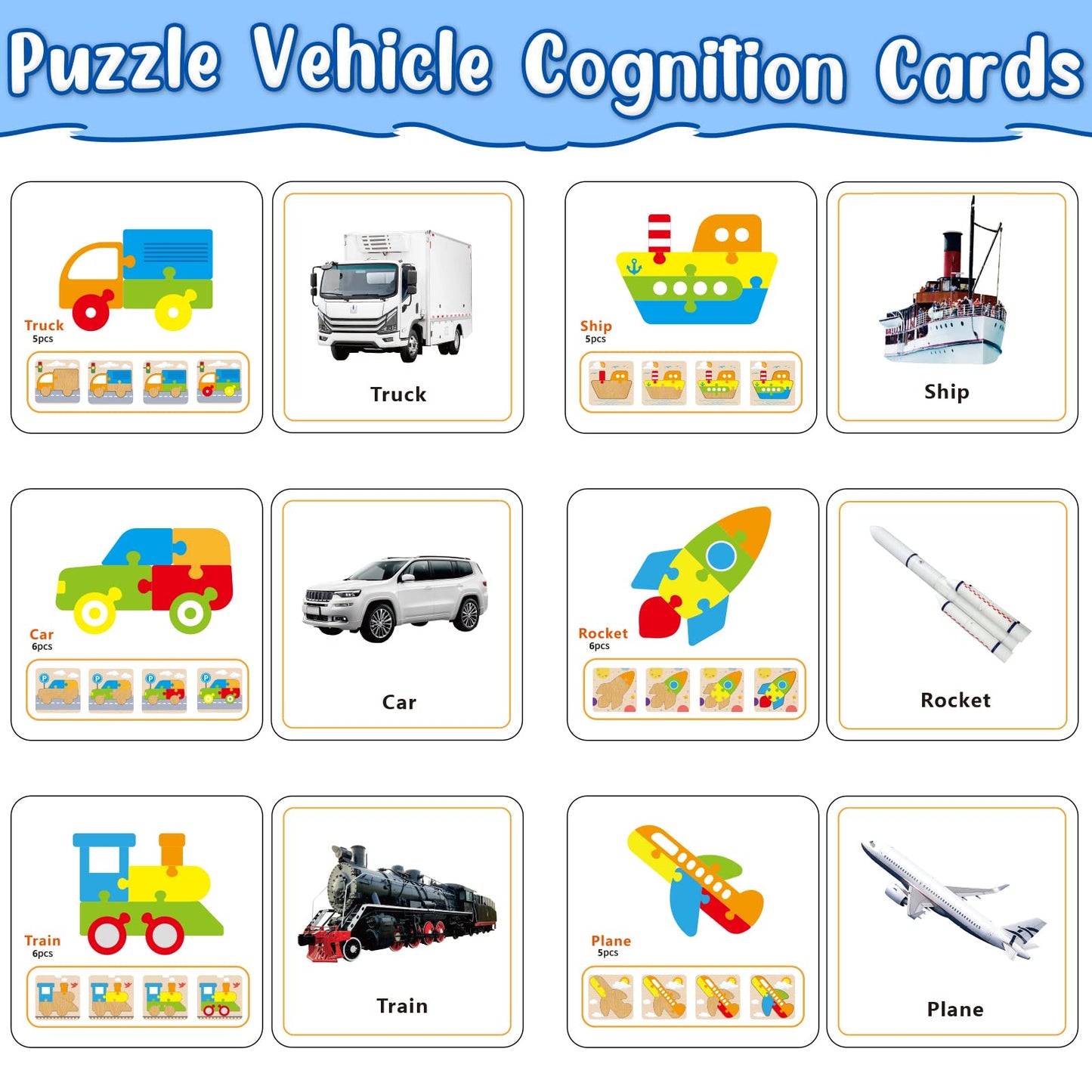 Wooden Vehicle Puzzles Toy Gift For 1, 2, 3 Years Old Boys Girls, Toddler Best Birthday Gift With 6 Vehicle Baby Montessori Colo