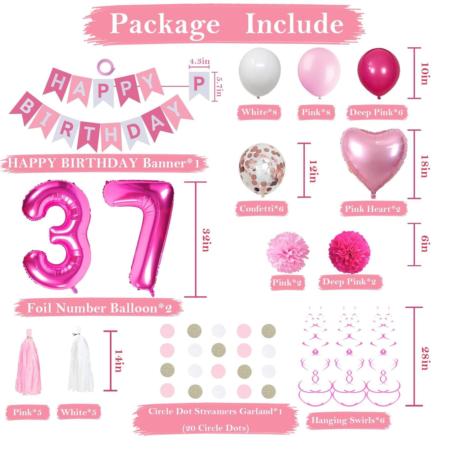 Sweet 37Th Birthday Decorations For Women, Pink And White 37 Happy Birthday Balloons, 37Th Birthday Party Supplies Including Pin