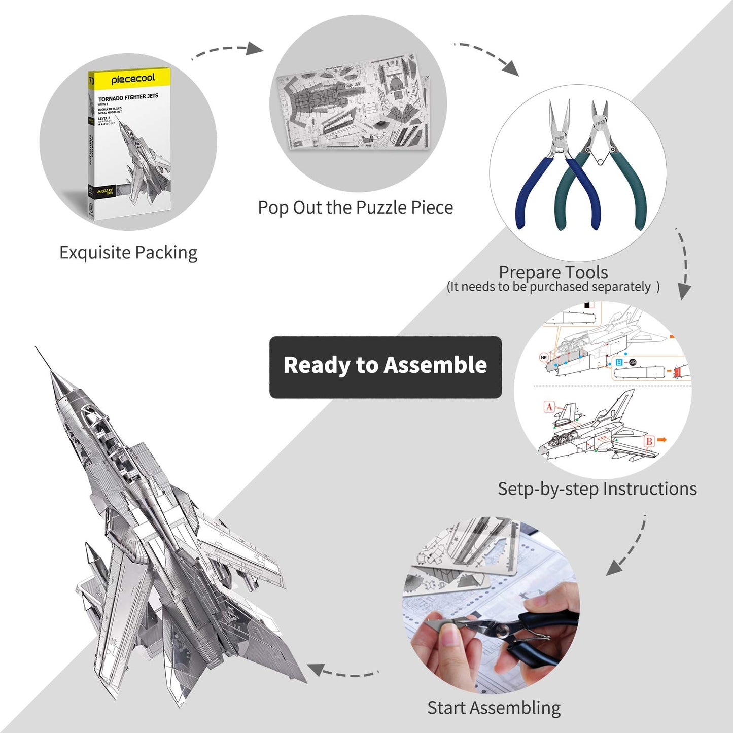 Piececool 3D Metal Puzzle For Adults, Tornado Fighter Jet Military Airplane Models Kits To Build For Teens Men Hobbies Toys Diy Brain Teaser Puzzles, Great Birthday Gifts, 83 Pcs