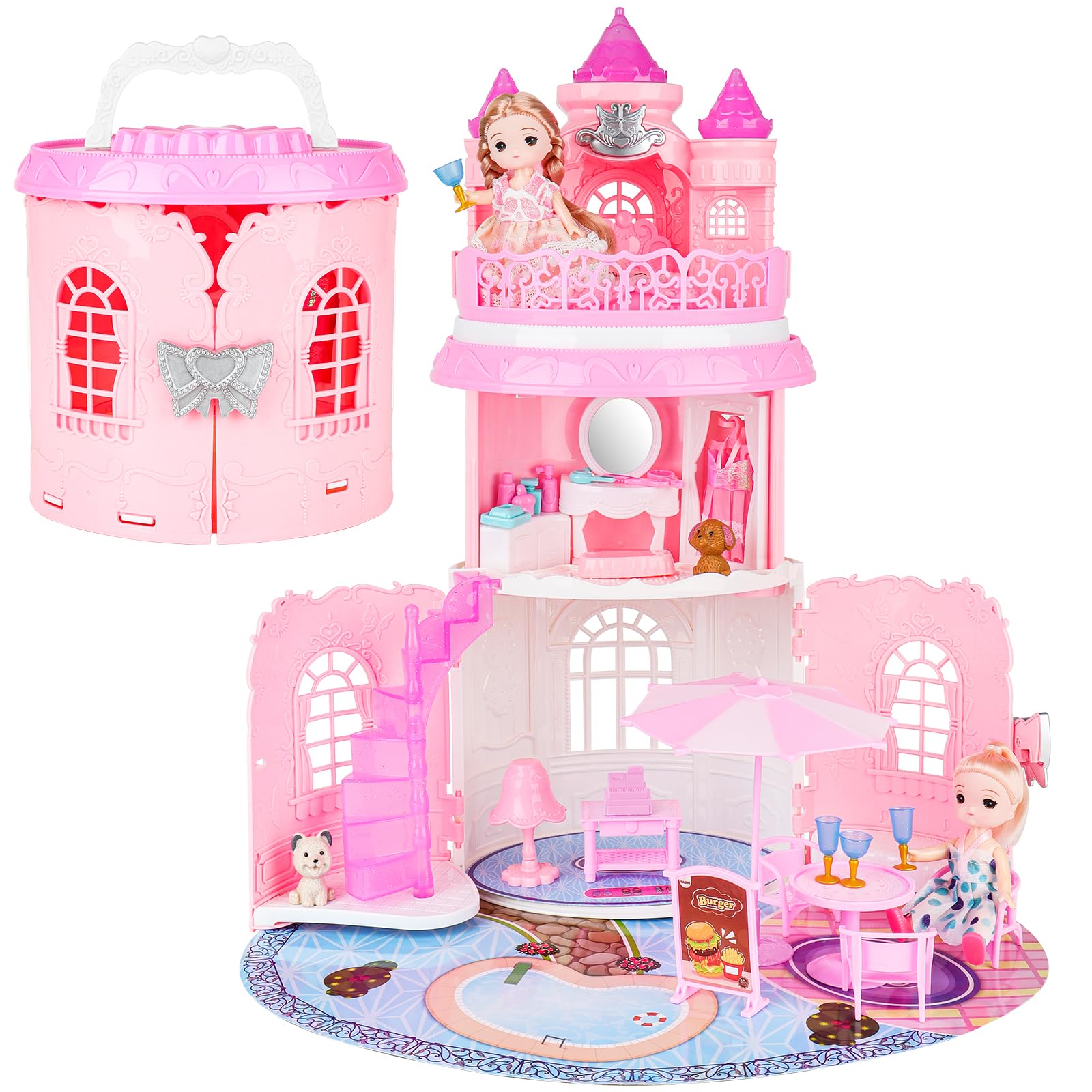 deAO Portable Doll House Playset Castle with 2 Doll Toy Figures  Living Room  Bedroom  Balcony & Accessories for 3 to 7 Year Olds Kids (Pink)