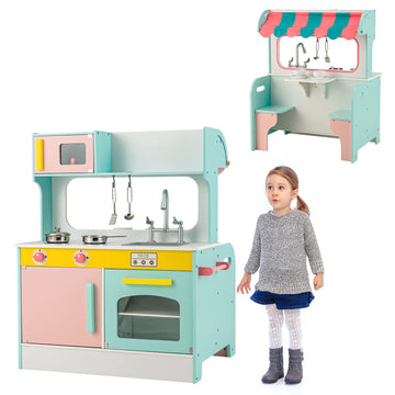 INFANS 2 in 1 Kids Play Kitchen and Restaurant, Double Sided Toddler Wooden Pretend Cooking Set with Stove Sink Microwave Storag