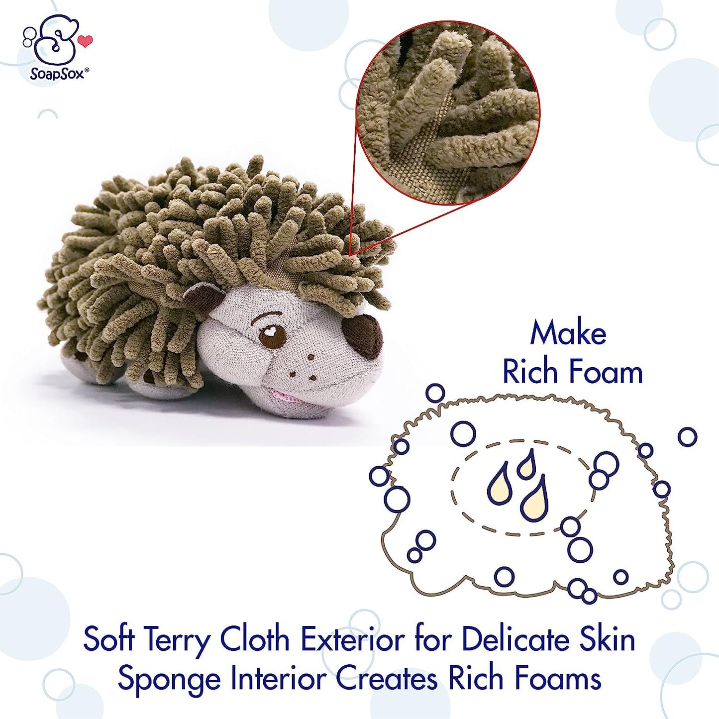 Soapsox Kids Exfoliating Bath Scrub (Hendrix The Hedgehog) - Soft Animal Toy Wash Cloth Sponge With Soap Pocket Insert - Fun Loo