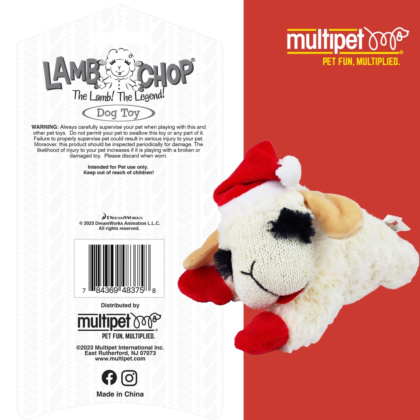 Multipet Lamb Chop Dog Plush Toy W/Santa Hat - Squeaky Dog Toy For All Dogs - Extra Soft Plush Dog Toy - Stuffed Animal Dog Toy