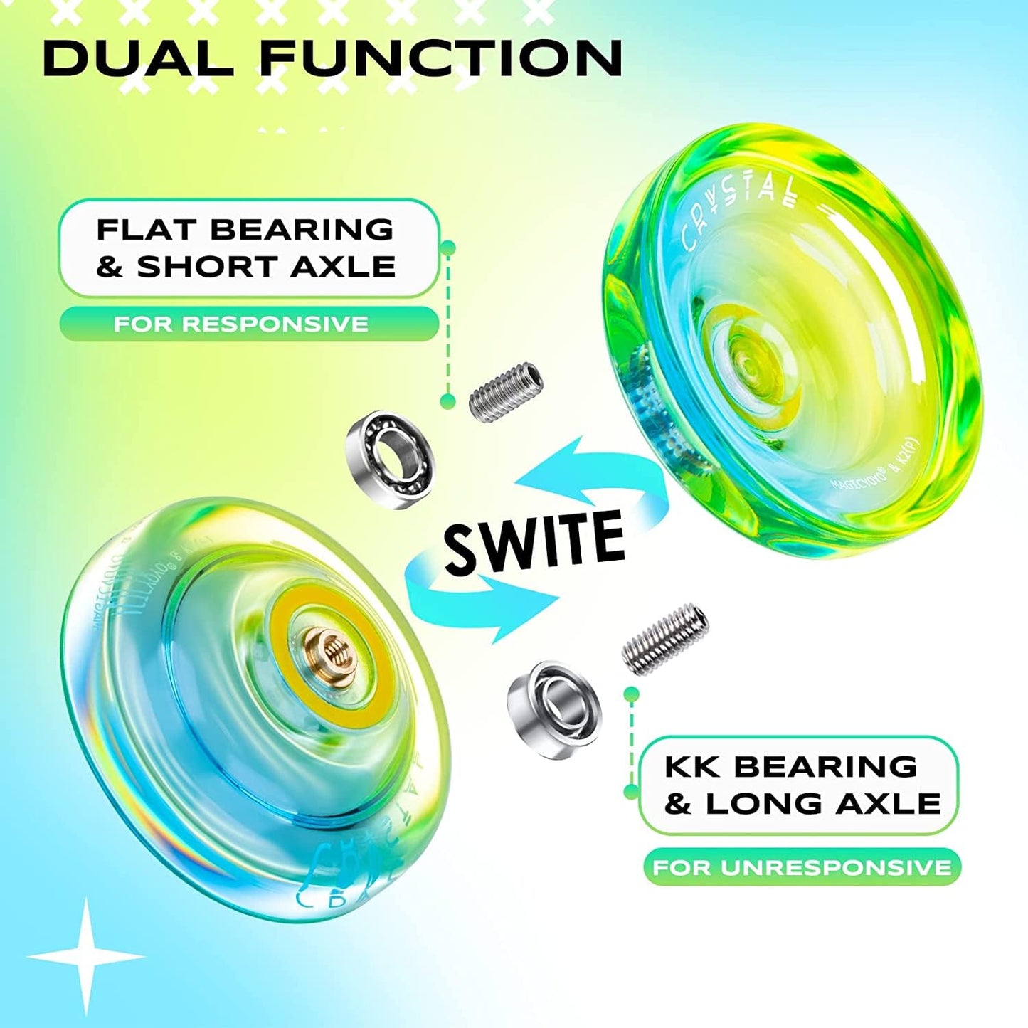 Magicyoyo Responsive Yoyo K2 Crystal Blue-Yellow + Pink-Purple, Dual Purpose Yoyo For Kids Beginners, Extra Unresponsive Bearing For Intermediate Advanced+12 Yoyo Strings+2 Kk Bearings + 1 Yoyo Case
