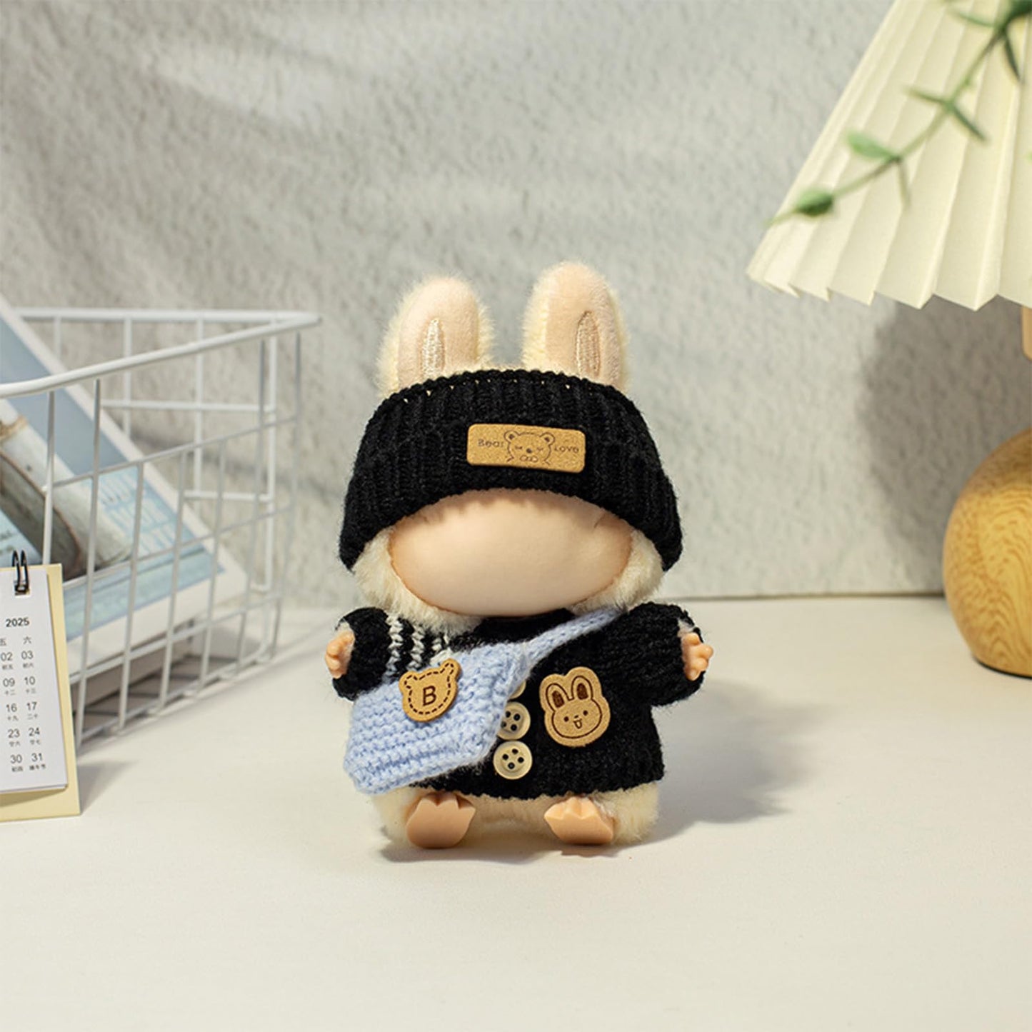 Clothes for LABUBU Doll (NO Doll)  Handcrafted Crochet 3-Piece Accessories for LABUBU 17cm Dolls  enhanced Outfit - Bunny Sweater + Hat + Bag  Cute Clothes for Dress up Unique Style (Black)