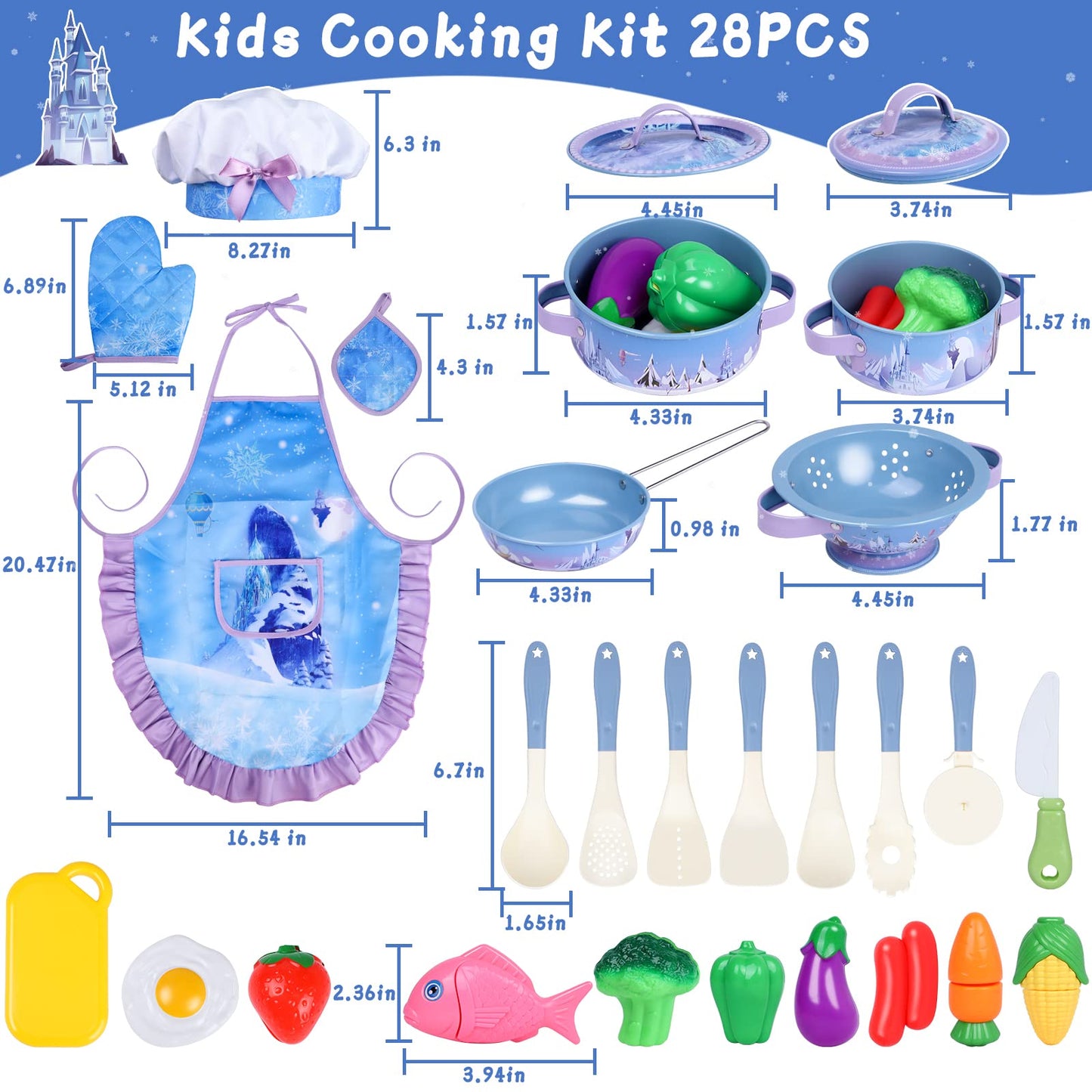 Magic4U Kids Cooking Set With Toddler Chef Costume, 28Pcs Play Kitchen Accessories Including Apron, Pots And Pans Sets, Play Foo