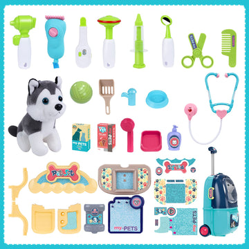 MAGIC4U Pet Cat Care Carrier Suitcase Toy, 29PCS Vet Clinic and Doctor Kit for Kids, Pet Dog Grooming Feeding Toys Veterinarian