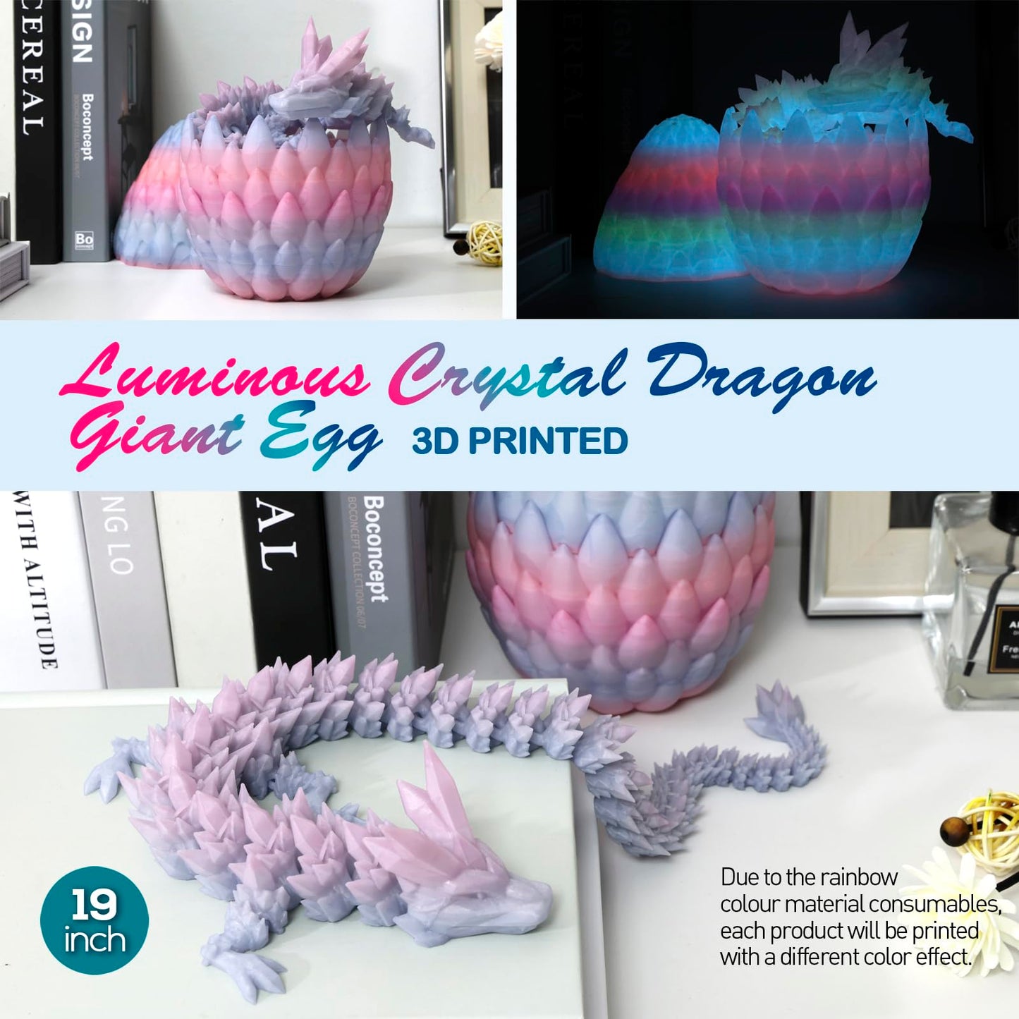 3D Printed Dragon,Dragon Eggs with Dragon Inside,Surprise Dragon Egg Toy,19'' Full Articulated Crystal 3D Dragon(Giant Dragon Eg