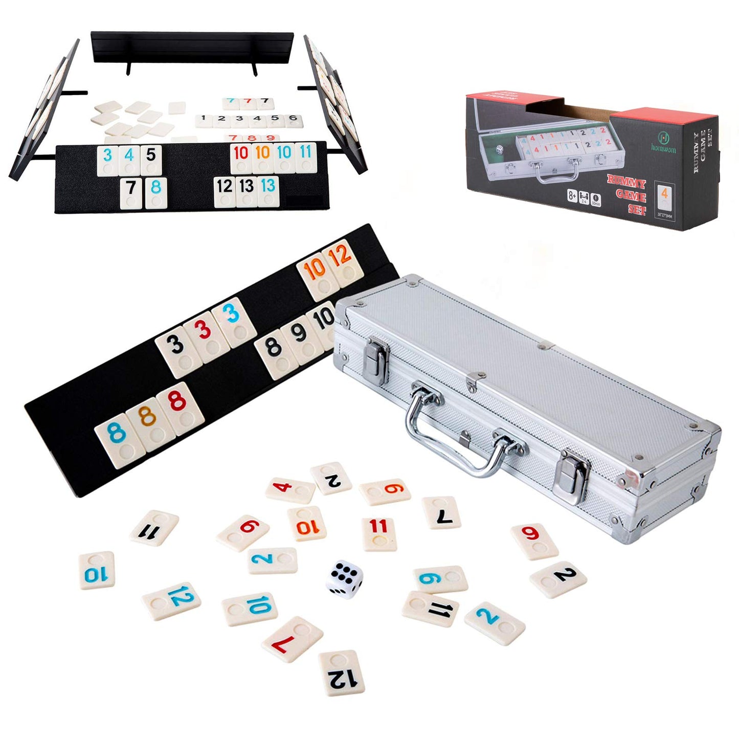 Homwom 106 Tiles Rummy Game - Travel Games Rummy Board Game Rummy Set With Aluminum Case & 4 Anti-Skid Durable Trays