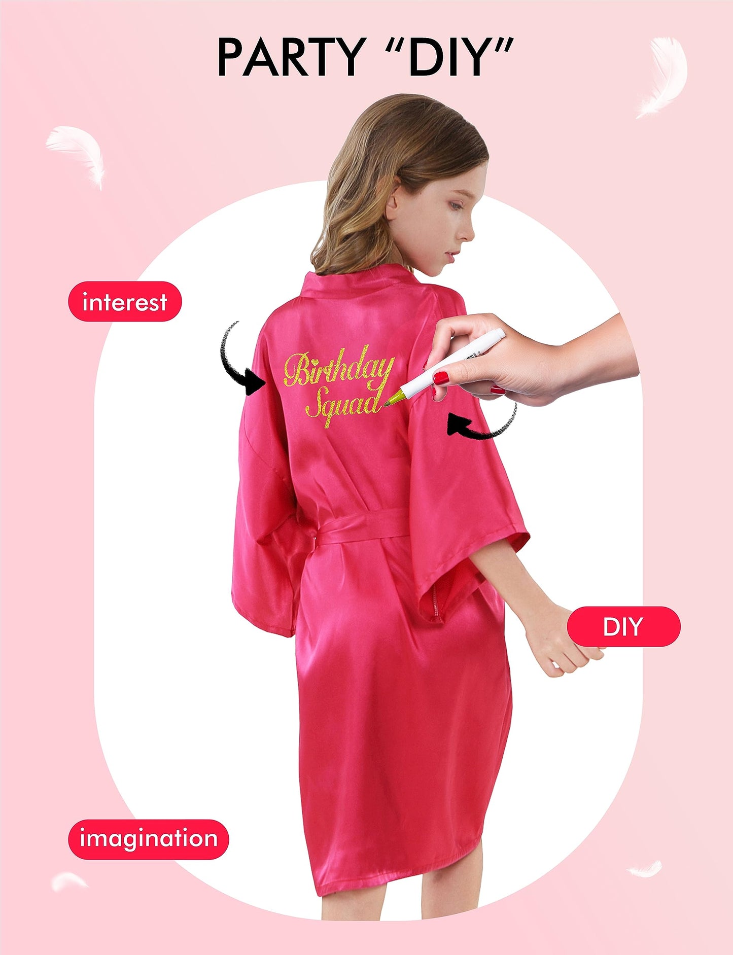 IVRRISS 10pcs Kid Girls Spa Costume Party Robes Set Silky Plain Kimono Robes for Wedding Birthday(rosa,8)