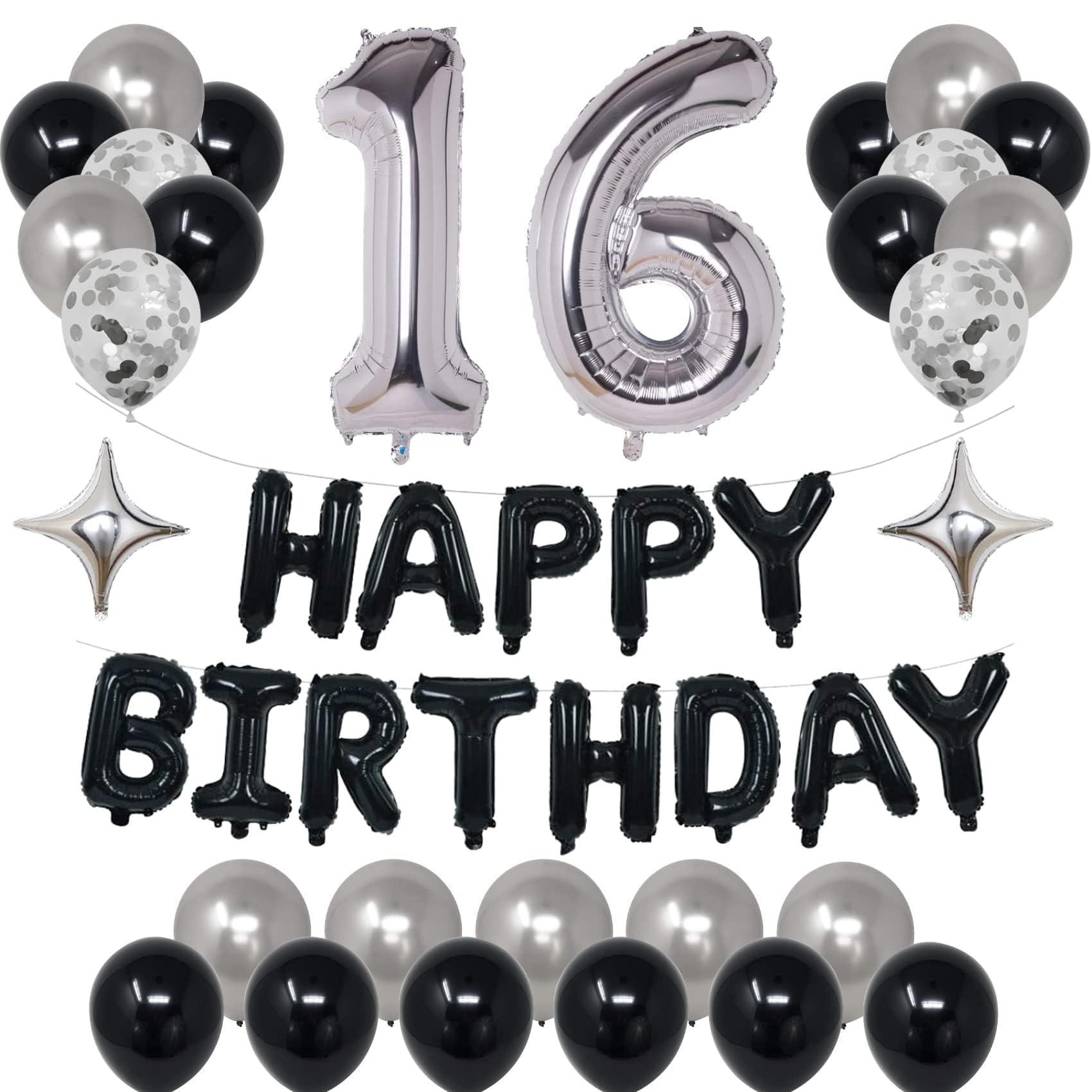 Naninuneno 16Th Black Silver Birthday Party Decorations For Boys Girls, Happy 16 Birthday Party Supplies With Black Happy Birthd