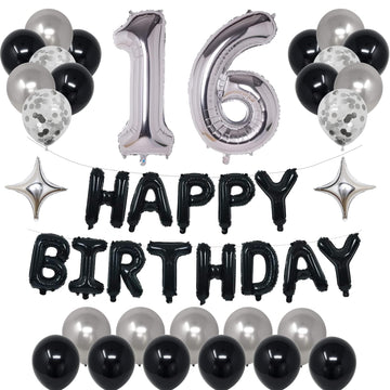 Naninuneno 16Th Black Silver Birthday Party Decorations For Boys Girls, Happy 16 Birthday Party Supplies With Black Happy Birthd