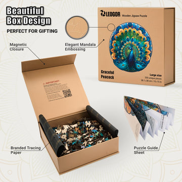 Leogor Wood Puzzles Adult Jigsaw - Exquisite Colorful Wooden Peacock Puzzles For Adults, Unique Laser Cut Animal-Shaped Challenging Colorful Mosaic, 350 Pieces, Large 15'' X 15''