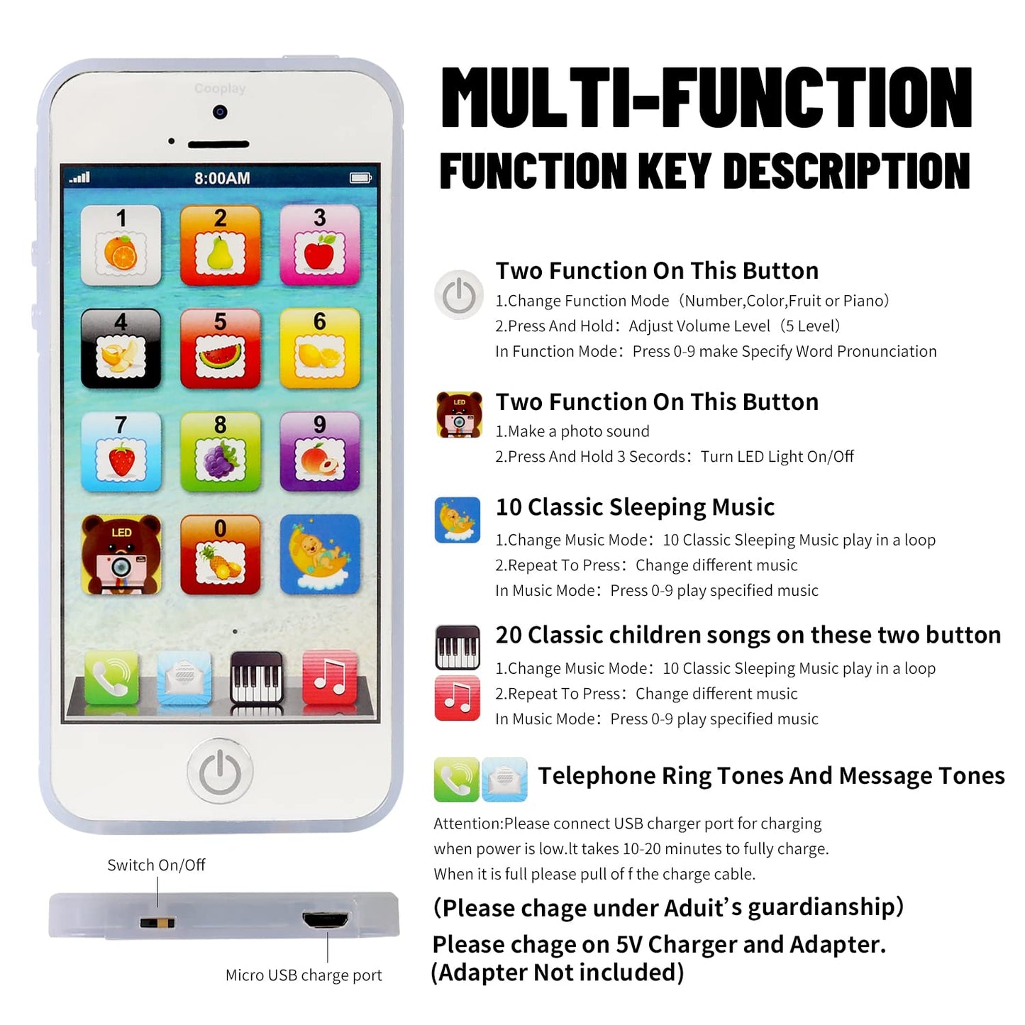 Cooplay Yphone 1:1 Music Phone Toy Y-Phone Animal Touch Screen Phone Learning Fruits English Educational Mobile Study Best Gift