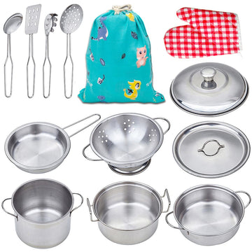 Yellora Play Pots And Pans Sets For Kids, Stainless Steel Cookware Toys Gift Set For Christmas, Pretend Play Kitchen Accessories