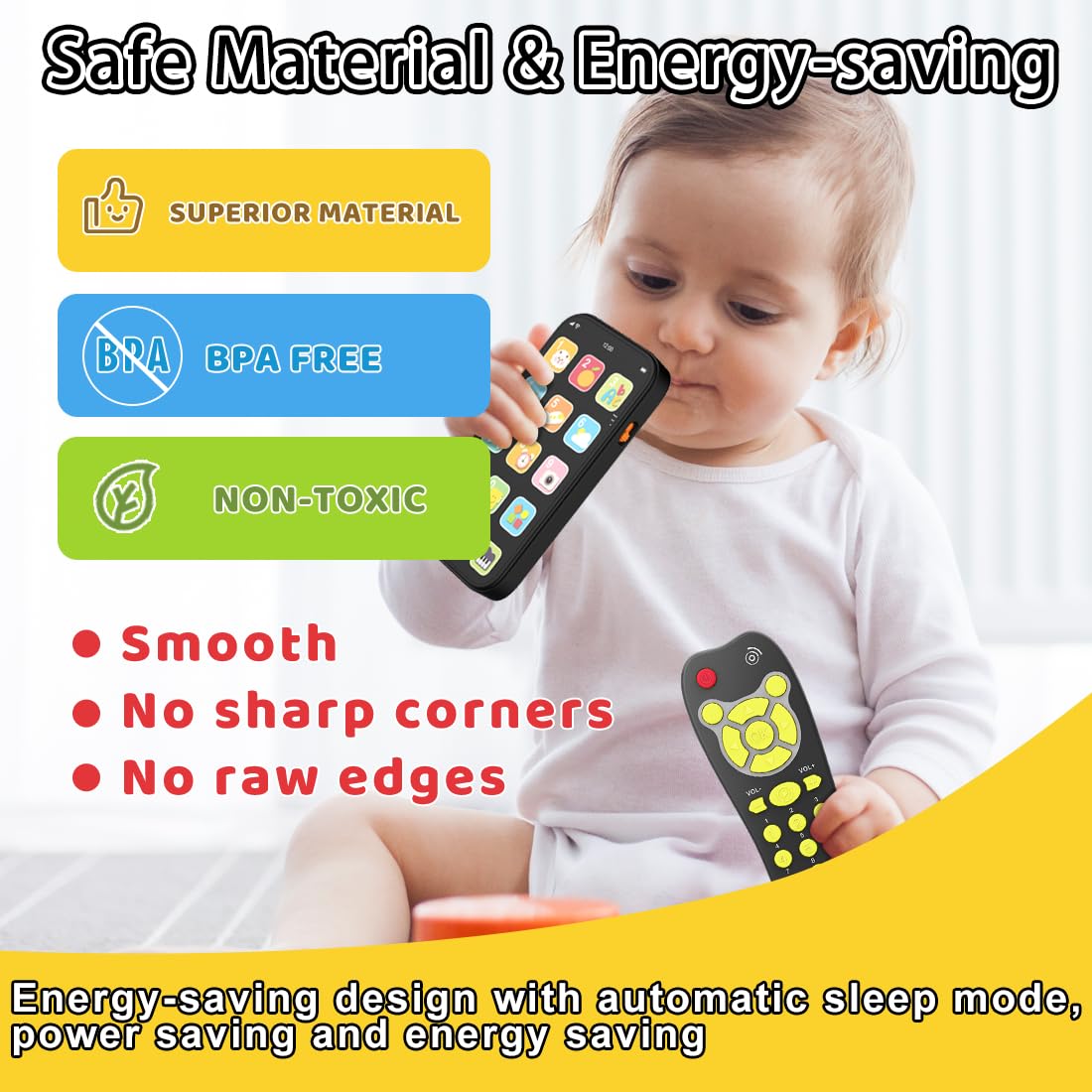 Toy Phone Baby Remote Control Toy Set, Play Phones Tv Remote Control With Music Light For 6+ Months, Early Learning Baby Toys Gift For 1 Year Old Boys Girls Kids Toddler Infant, English/Spanish, Black
