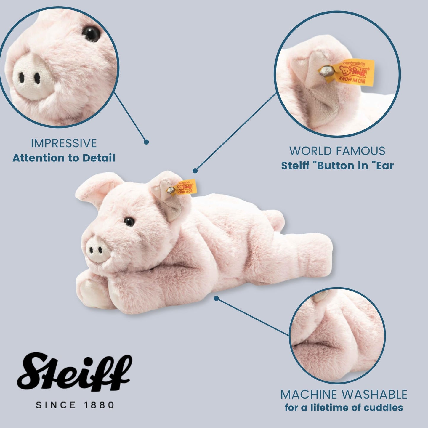 Steiff Piko Pig Plush Stuffed Animal Toy, Pink, 11", Polyester, Model 063978