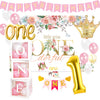 Pycalow First Birthday Decorations Girl - 1St Birthday Baby Girl Decorations Include Balloons Box, Backdrop, Crown, Banner, High