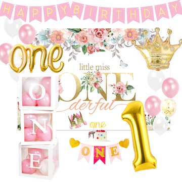 Pycalow First Birthday Decorations Girl - 1St Birthday Baby Girl Decorations Include Balloons Box, Backdrop, Crown, Banner, High