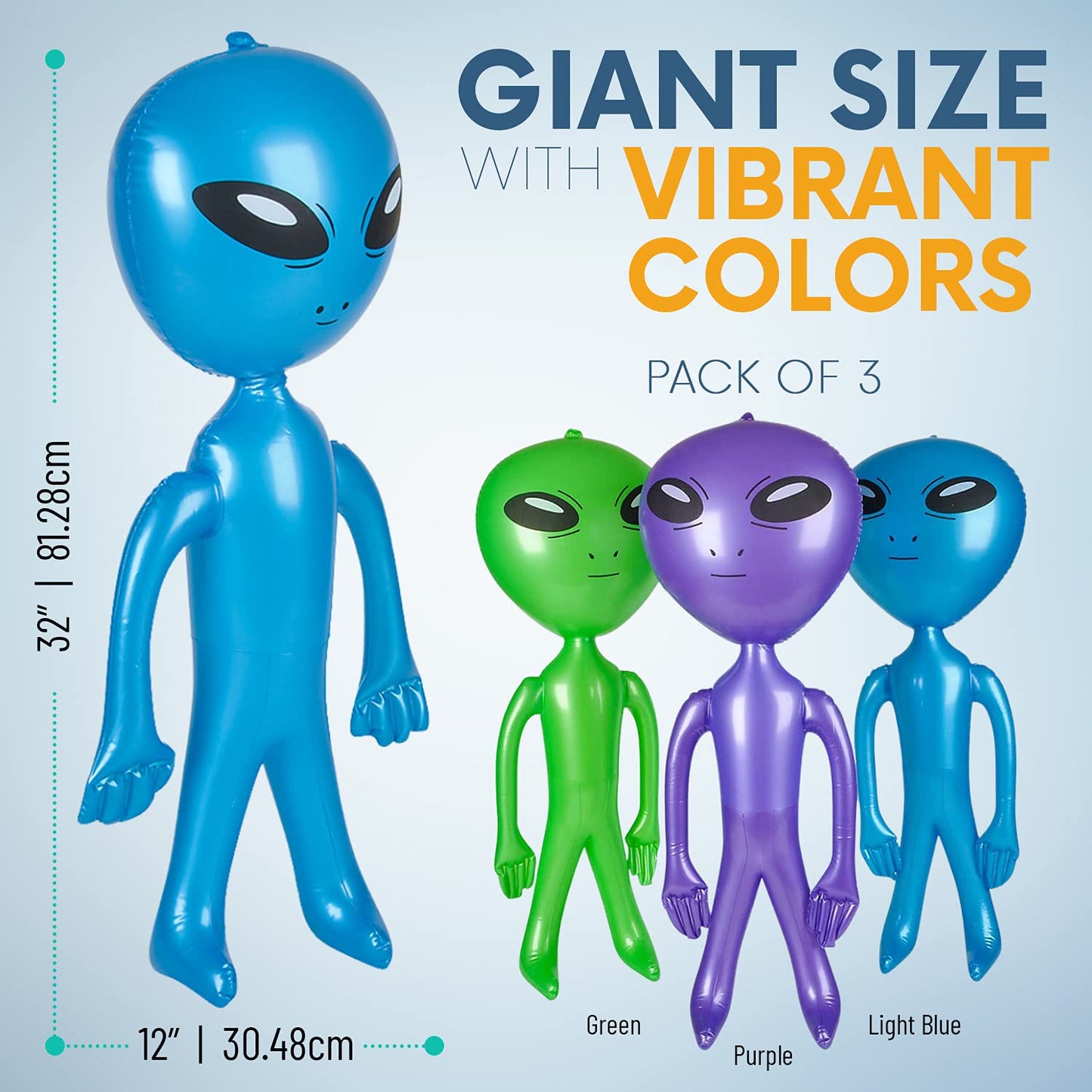 Vlish 3 Inflatable Alien - Pack of 3 Jumbo - Green, Purple and Blue Inflate Martian Aliens Toy for All Ages, Great for Halloween