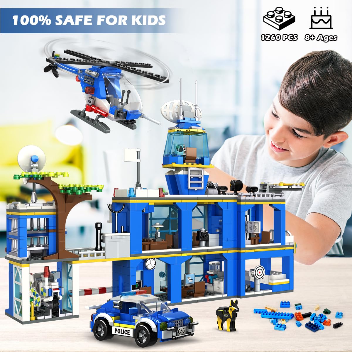 Hogokids City Police Station Building Set - 1260 Pcs Police Building Block Toys With Helicopter Motorcycle Police Vehicle Bandit Car, Stem Police Construction Toy For Kids Boys Girls Ages 8-12+ Years