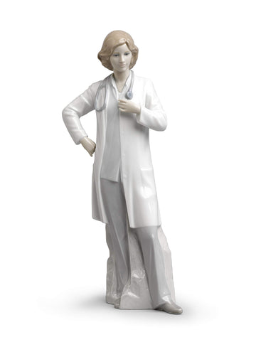 Lladró Glossy Porcelain Female Doctor Figurine. Decorative Porcelain Woman Figure.