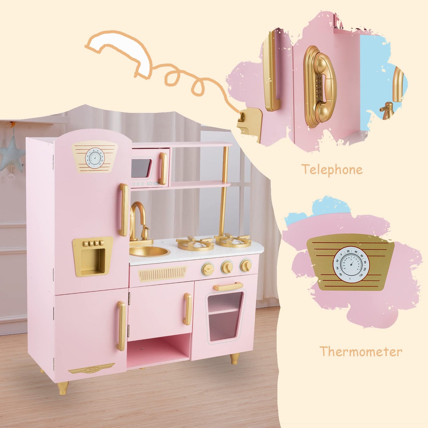 WoodenEdu Kitchen Playset for Kids Ages 3-8, Wooden Pretend Play Kitchen, Including Telephone, Ice Maker, Refrigerator, Dimensio