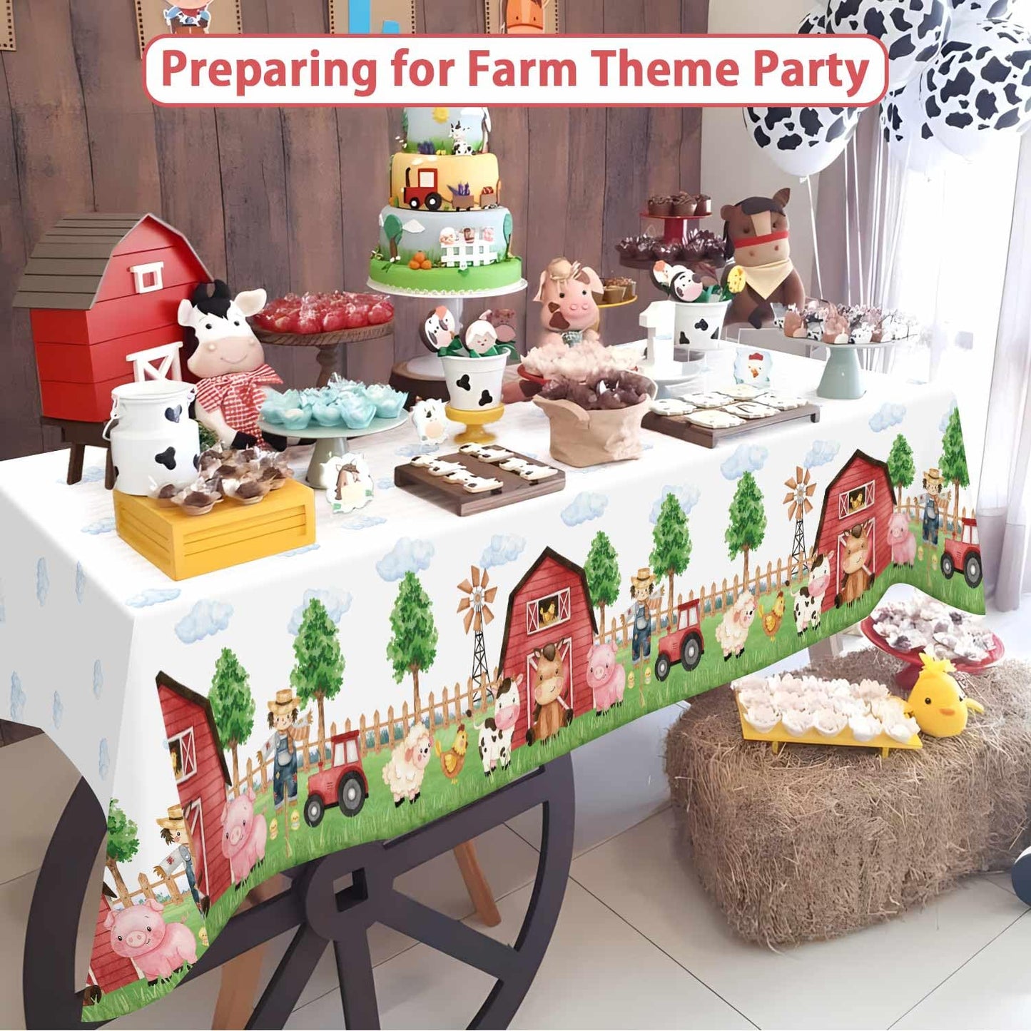 Heboland 3 Pieces Farm Animal Birthday Party Supplies Tablecloth, Large Size 54 x 108 Inch Rectangular Plastic Table Cover, Barn