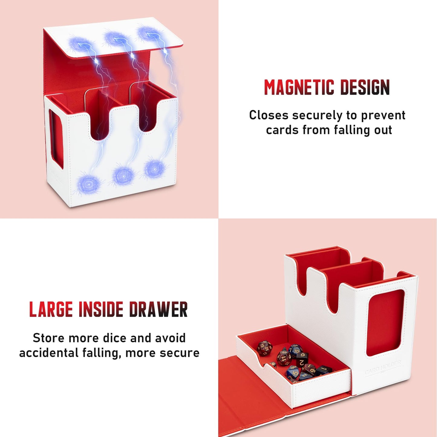 TiMOVO MTG Deck Box  MTG Commander Card Deck Box with Commander Display & Dice Tray Fits 400+ Unsleeved Cards  Leather Magnetic Card Storage Case with 6 Dividers for TCG CCG Magic Cards  White + Red