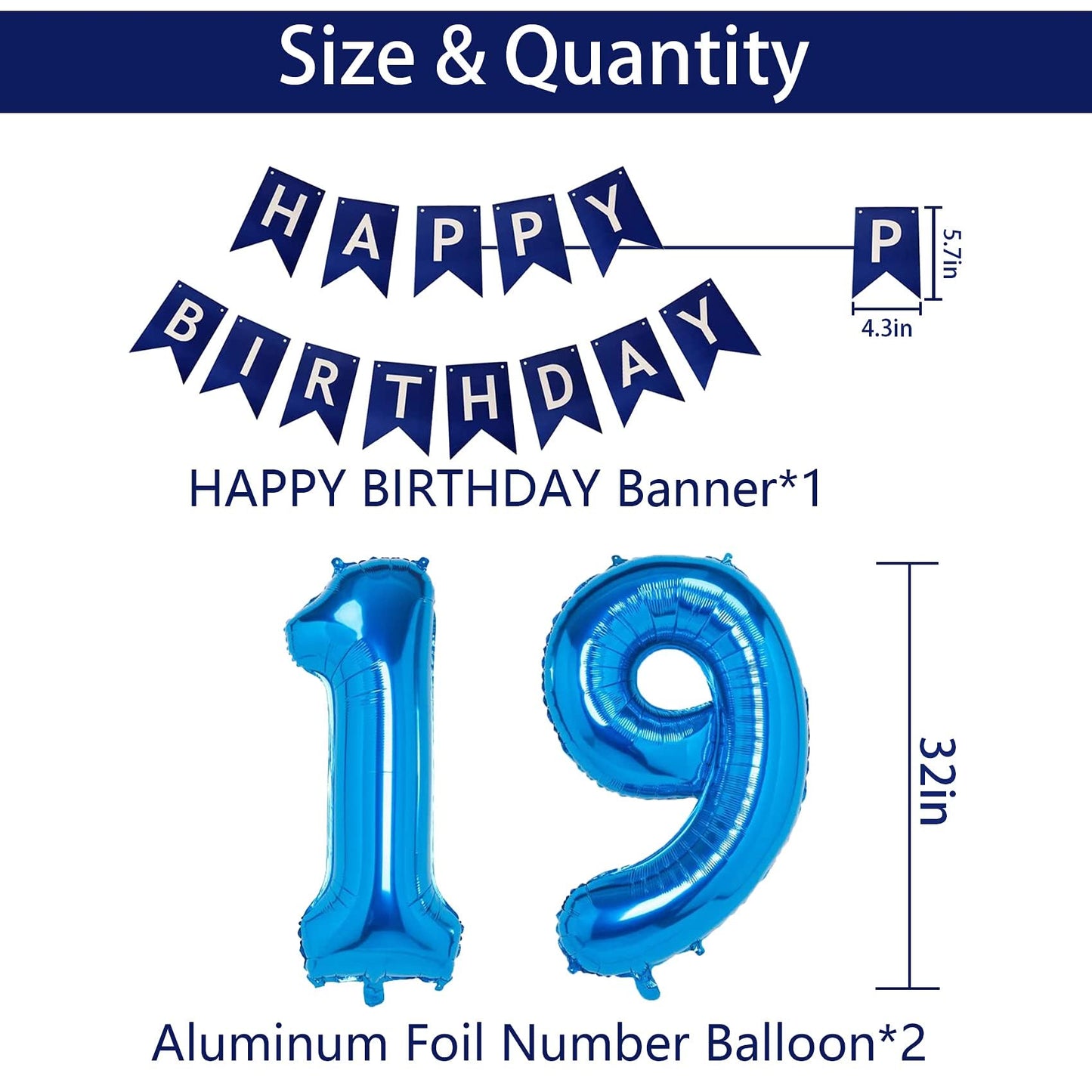 Naninuneno 19Th Blue Birthday Party Decorations For Boy Girl Men Women, Happy 19 Birthday Balloons Supplies With Happy Birthday