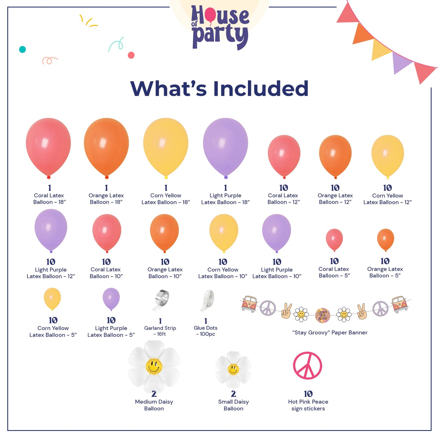 House Of Party Hippie Groovy Balloon Arch 140 Pcs - Coral, Orange, Yellow, Purple & Daisy Flower Balloons Garland With Paper Ban