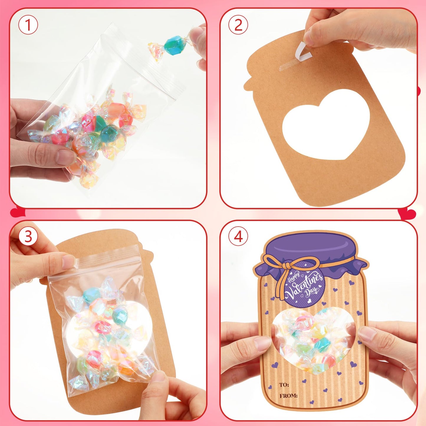 ReliThick 100 Set Valentines Day Candy Cards Candy Making Kit Kraft Paper Mason Jar Personalized Valentine Exchange Cards for Pr