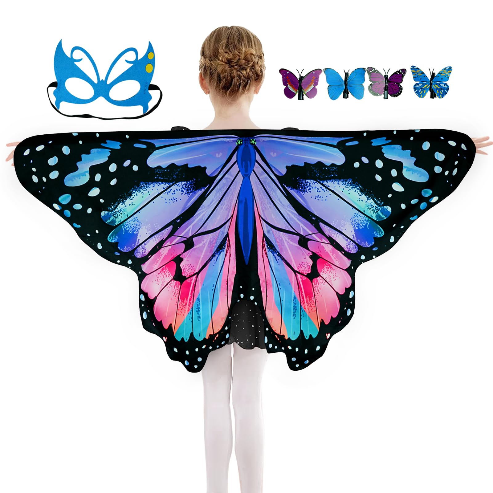 Sunlisky Kids Butterfly Wings Costume For Girls Fairy-Wings Mask Party Favors Gifts (Blue Red Sets)