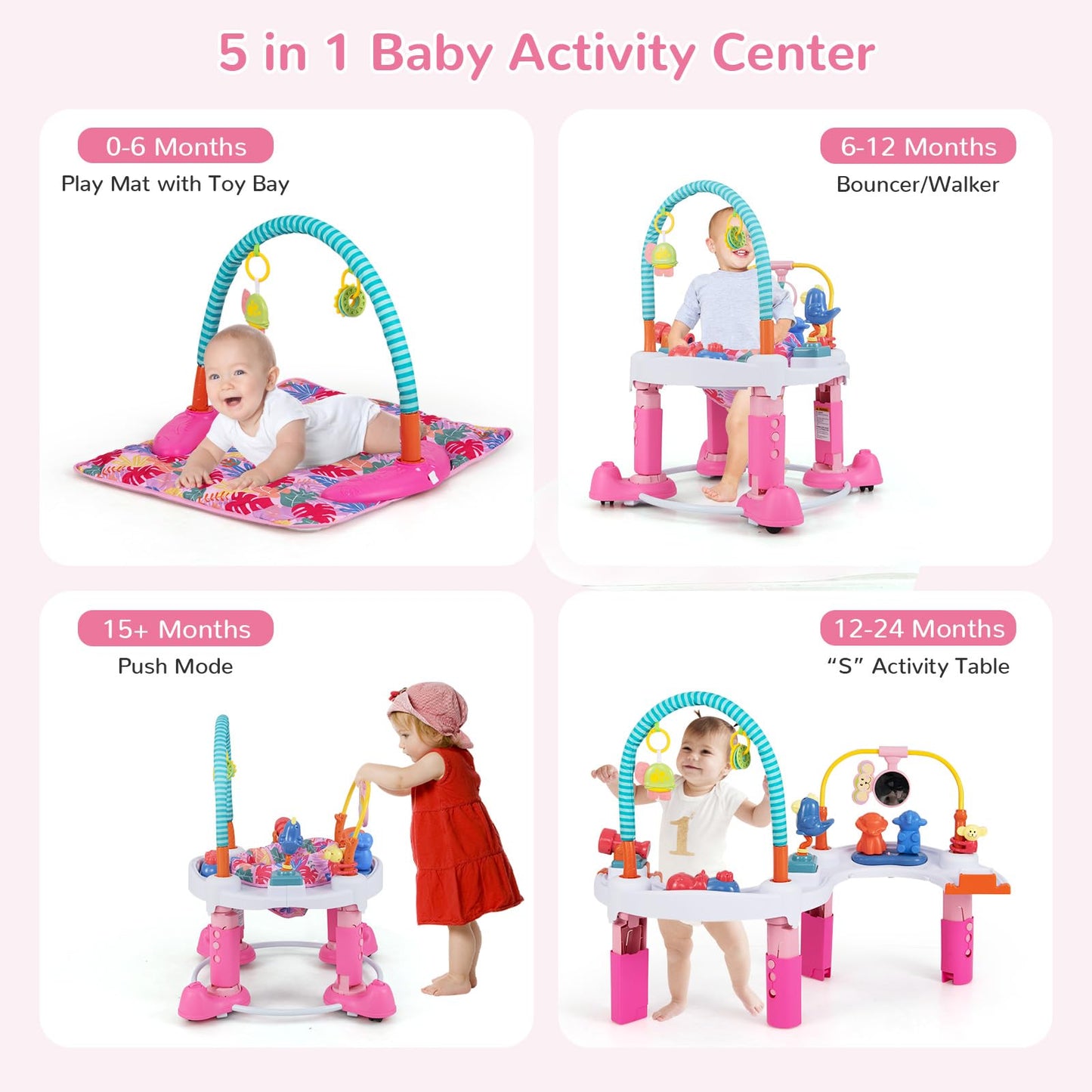 Infans Baby Bouncer Activity Center, 5 In 1 Toddler Bouncing Activity Saucer Playtime Mat Activity Table With 360Rotating Seat,