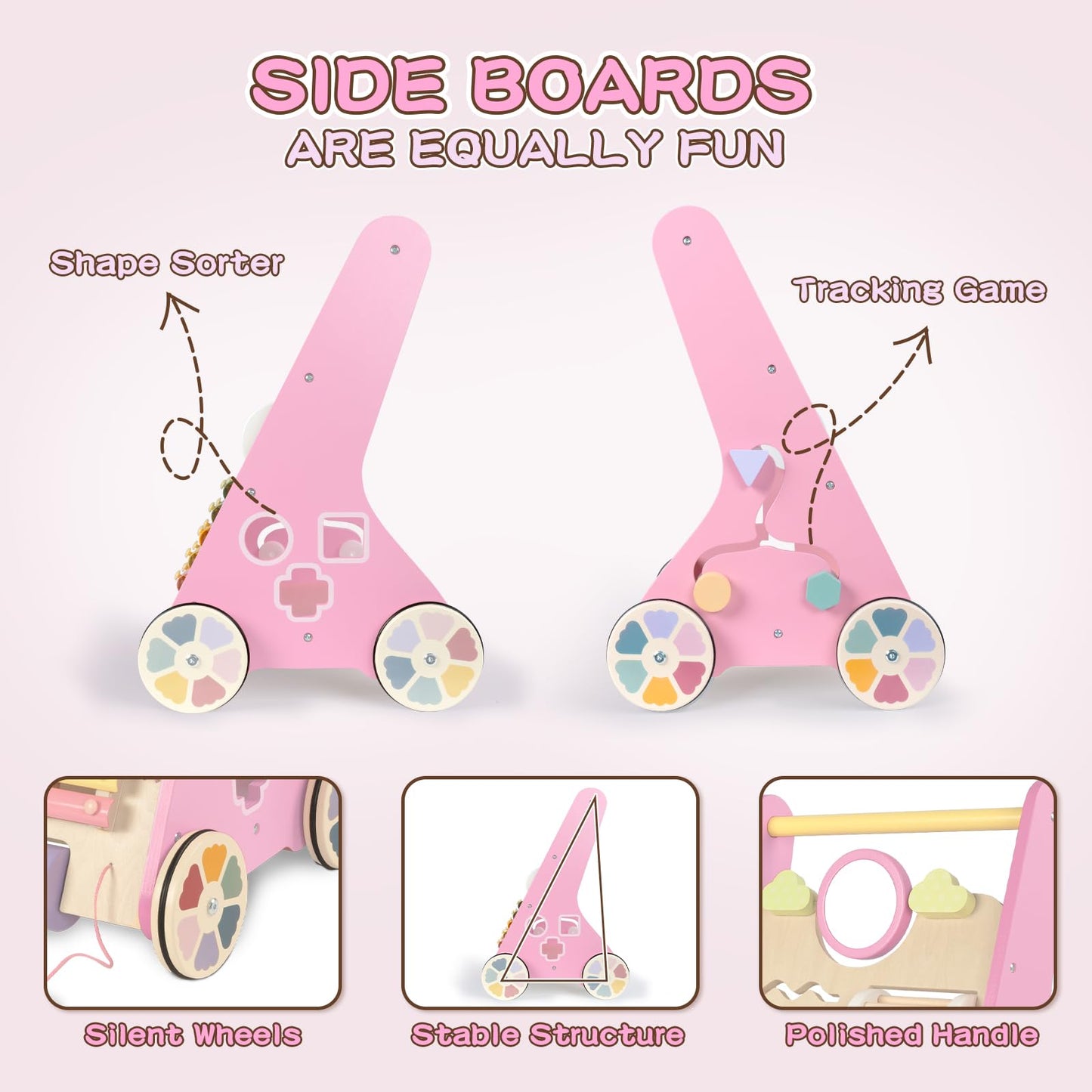 Lol-Fun Wooden Baby Walker For Girls With Wheels, Baby Push Walker For Baby Girl 12 Months, Pink Baby Walker Push Toy For 1 Year